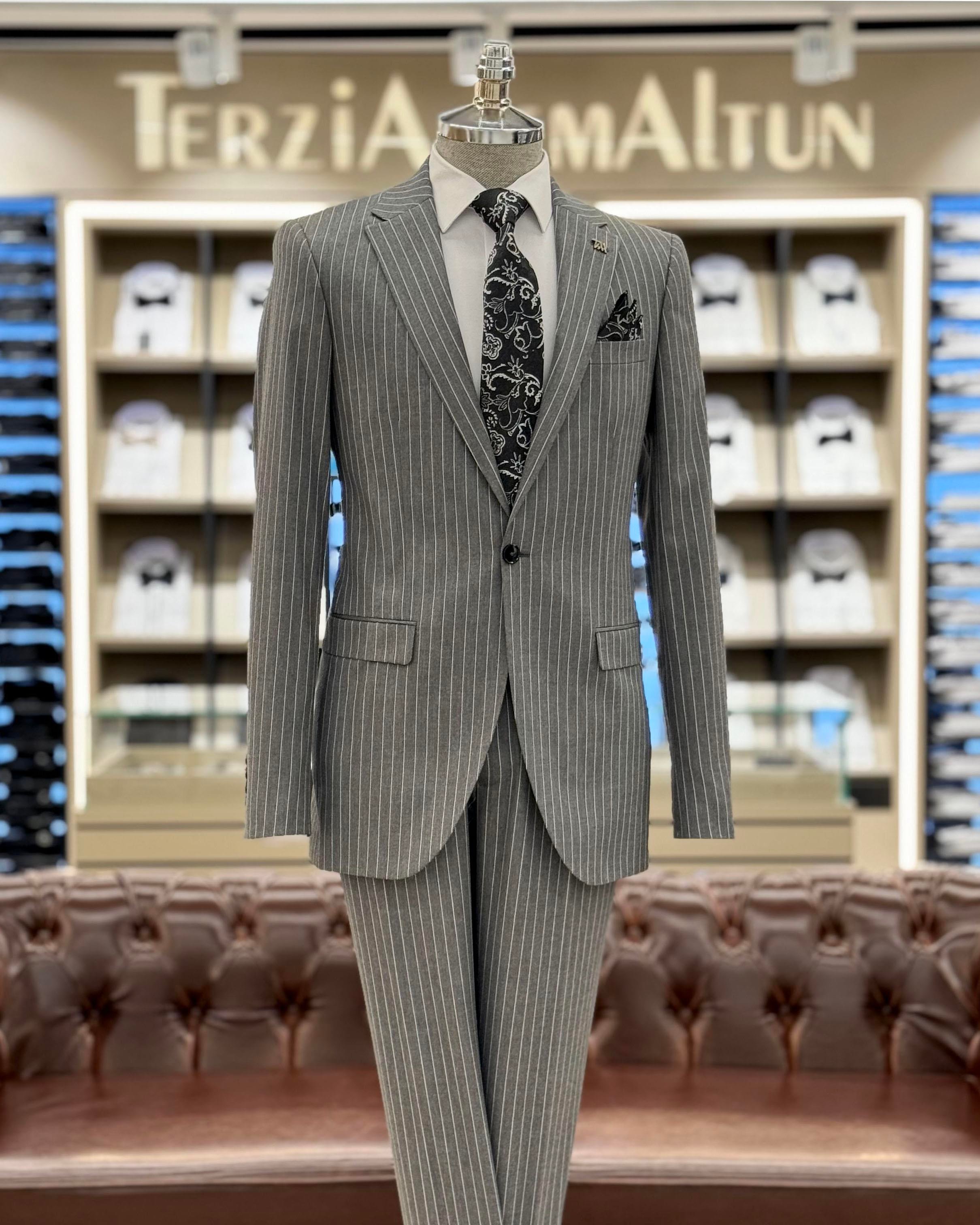 İtalyan stil 8 drop ceket pantolon takım elbise gri T10677