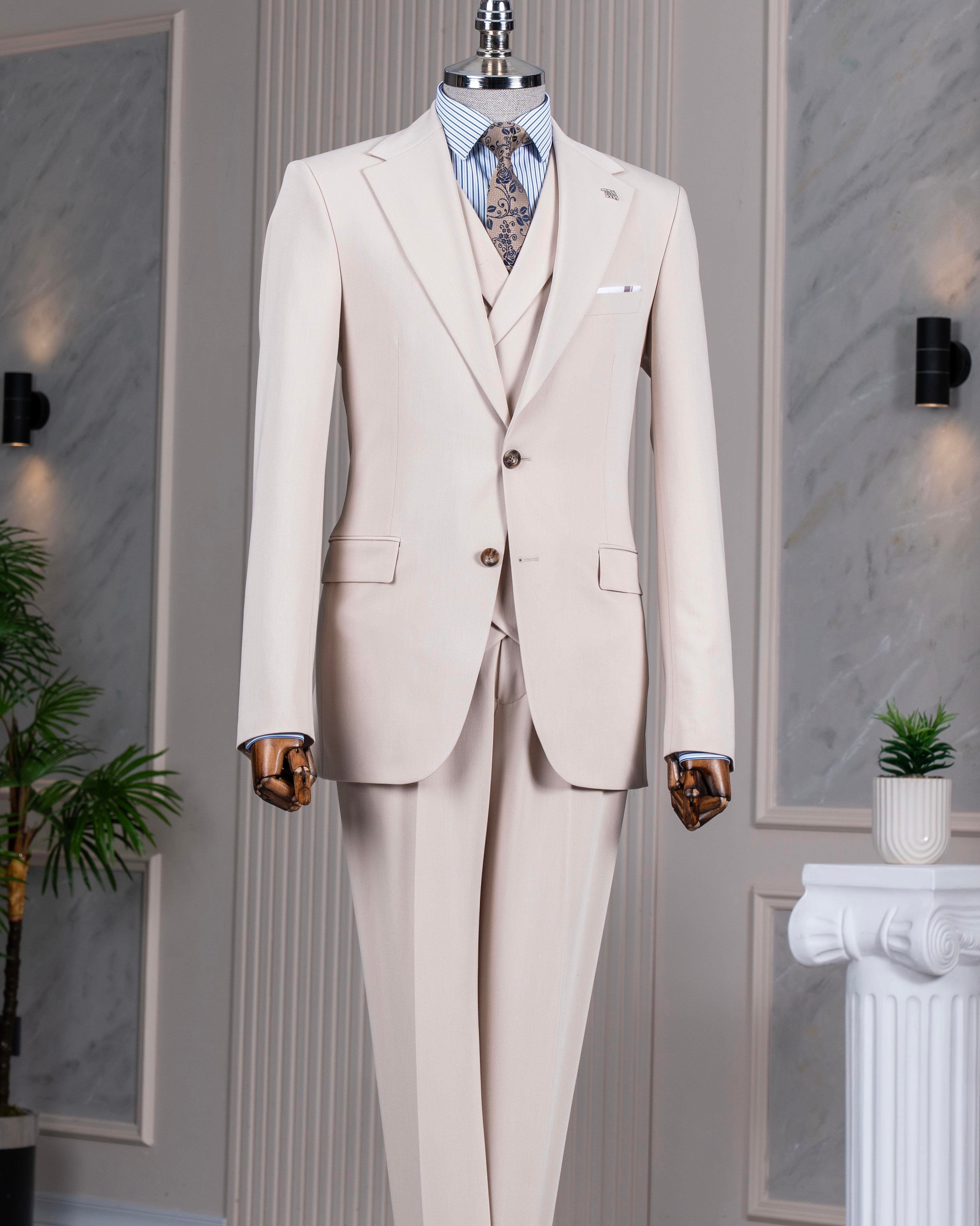 İtalyan stil 8 drop ceket yelek pantolon takım elbise bej T14594