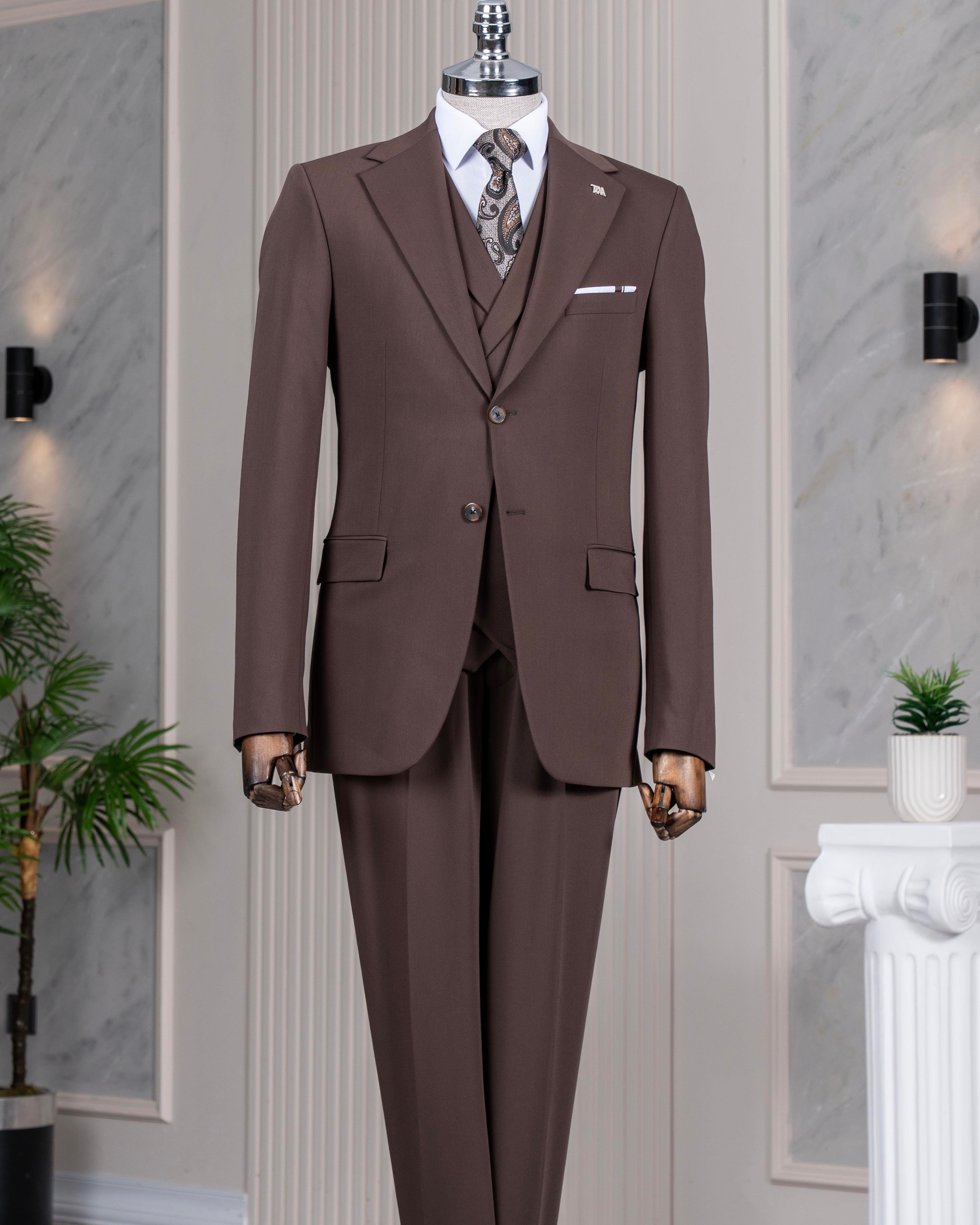 İtalyan stil 8 drop ceket yelek pantolon takım elbise kahverengi T14593