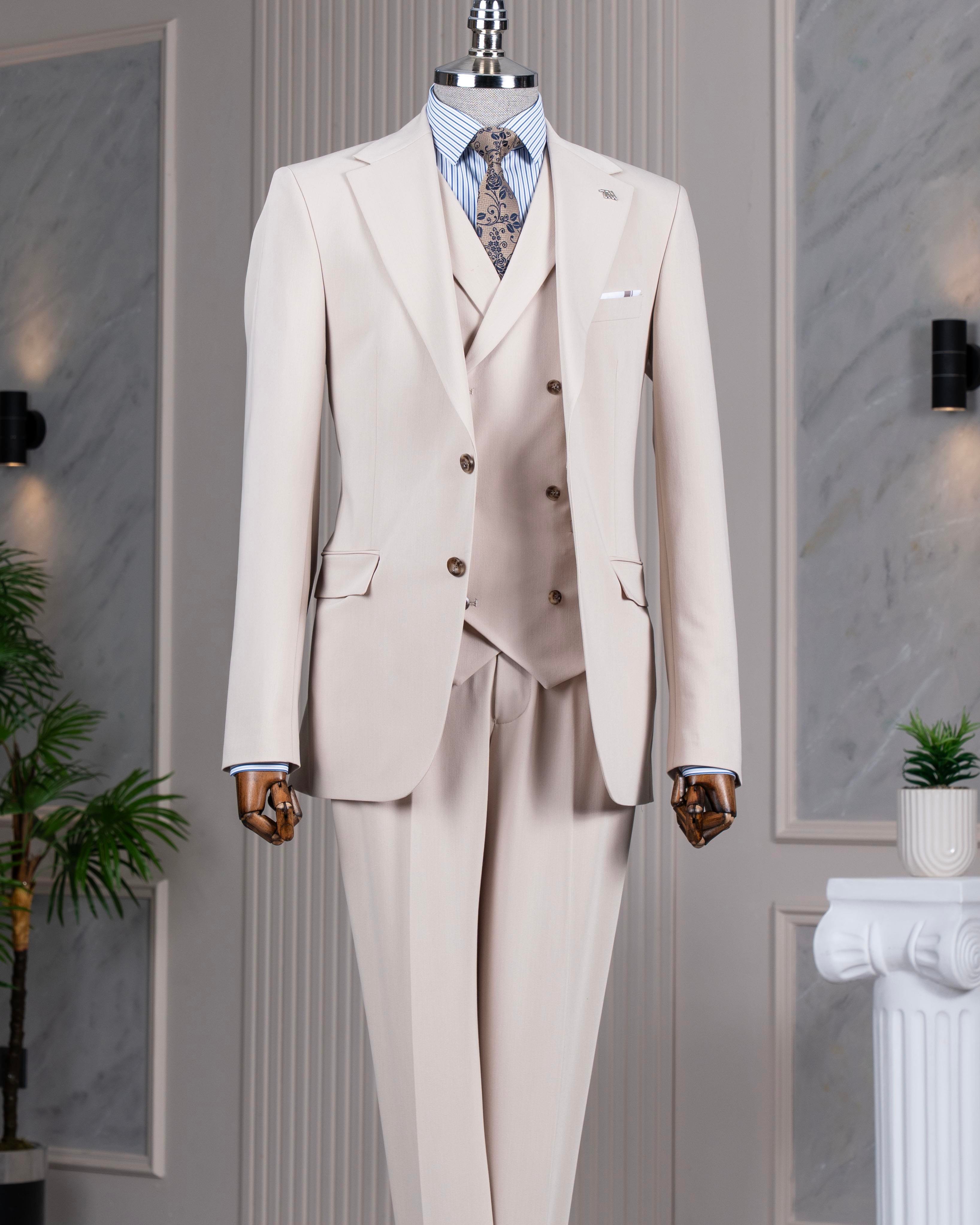 İtalyan stil 8 drop ceket yelek pantolon takım elbise bej T14594