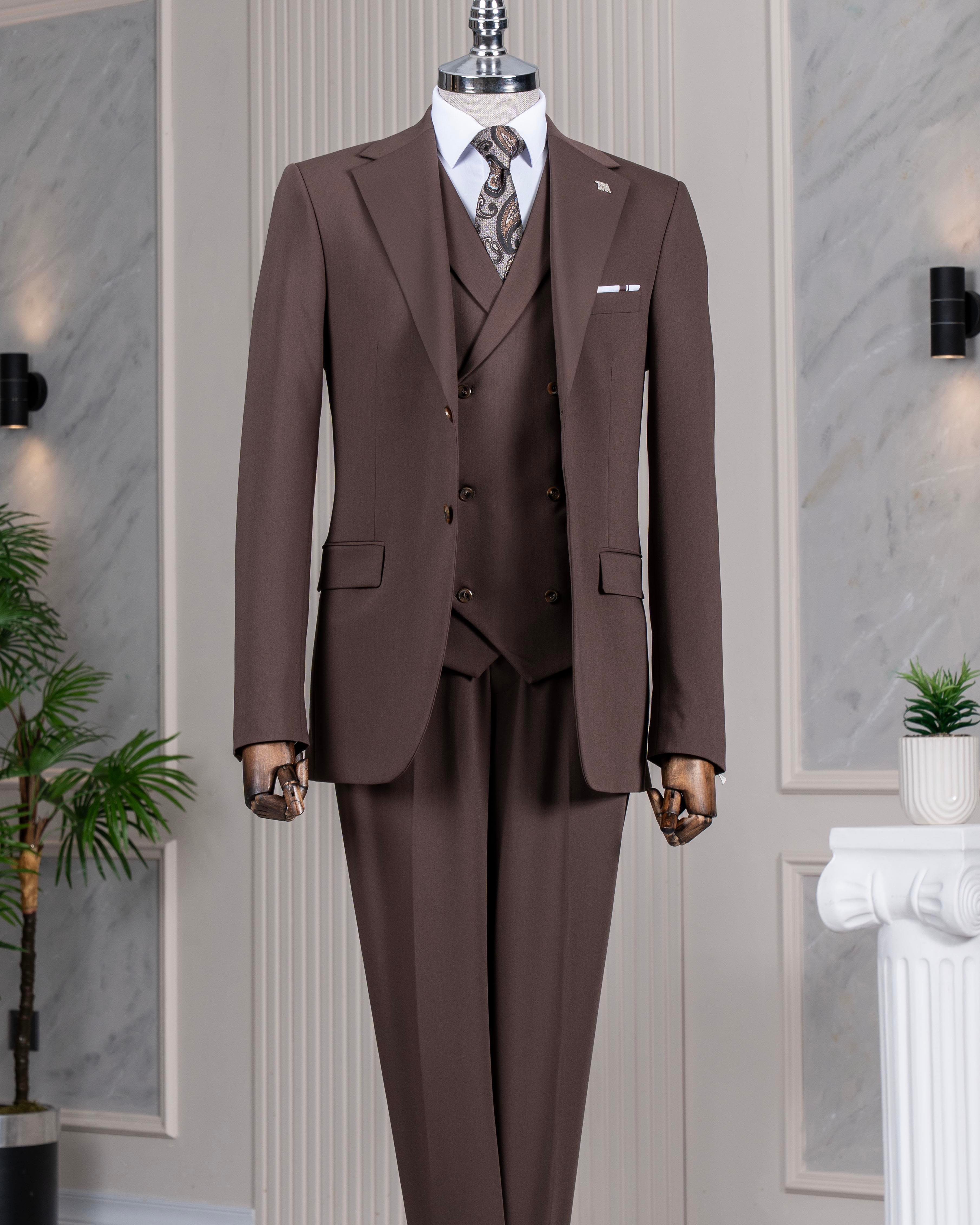 İtalyan stil 8 drop ceket yelek pantolon takım elbise kahverengi T14593