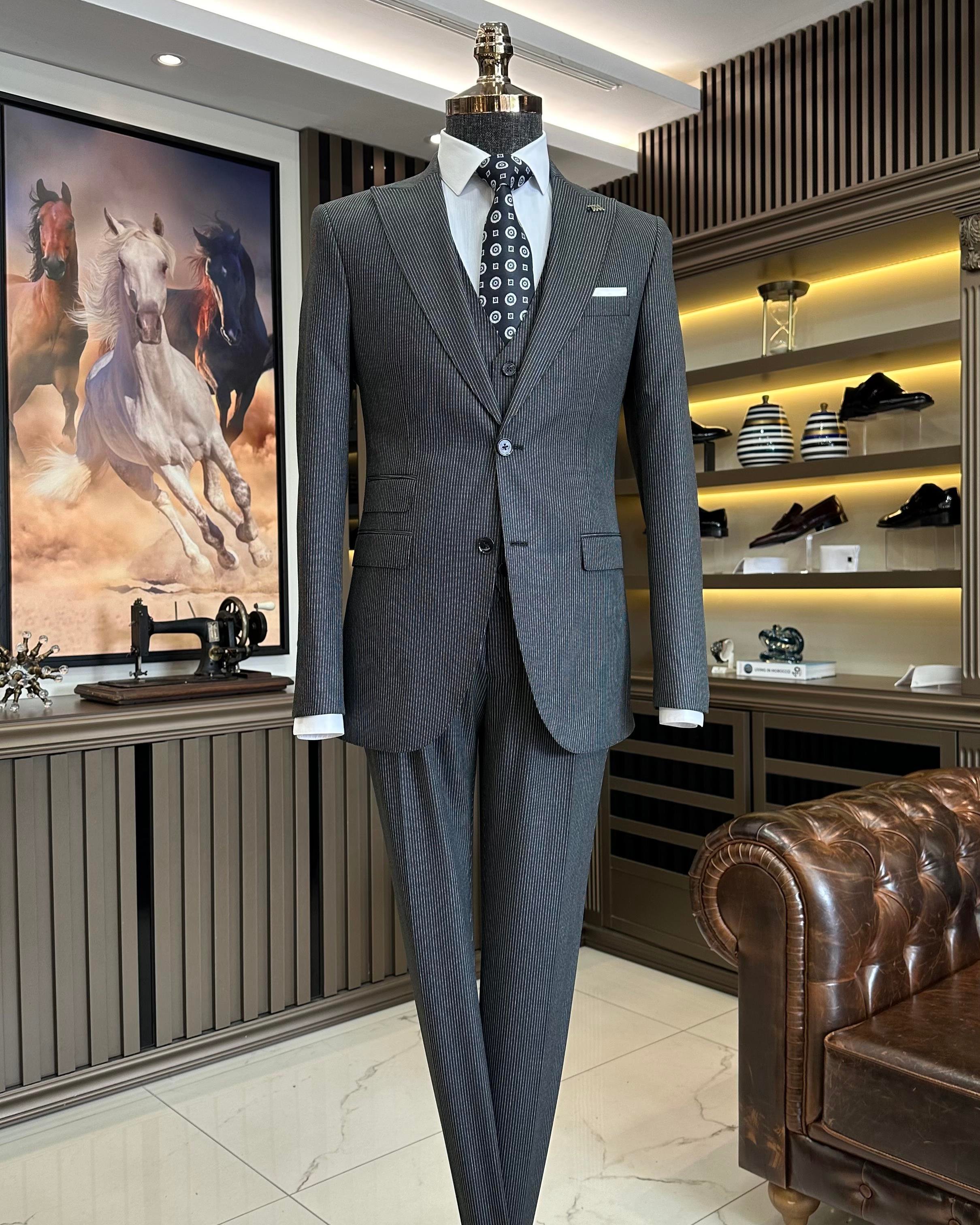 İtalyan stil 8 drop çizgili ceket pantolon takım elbise antrasit T10713