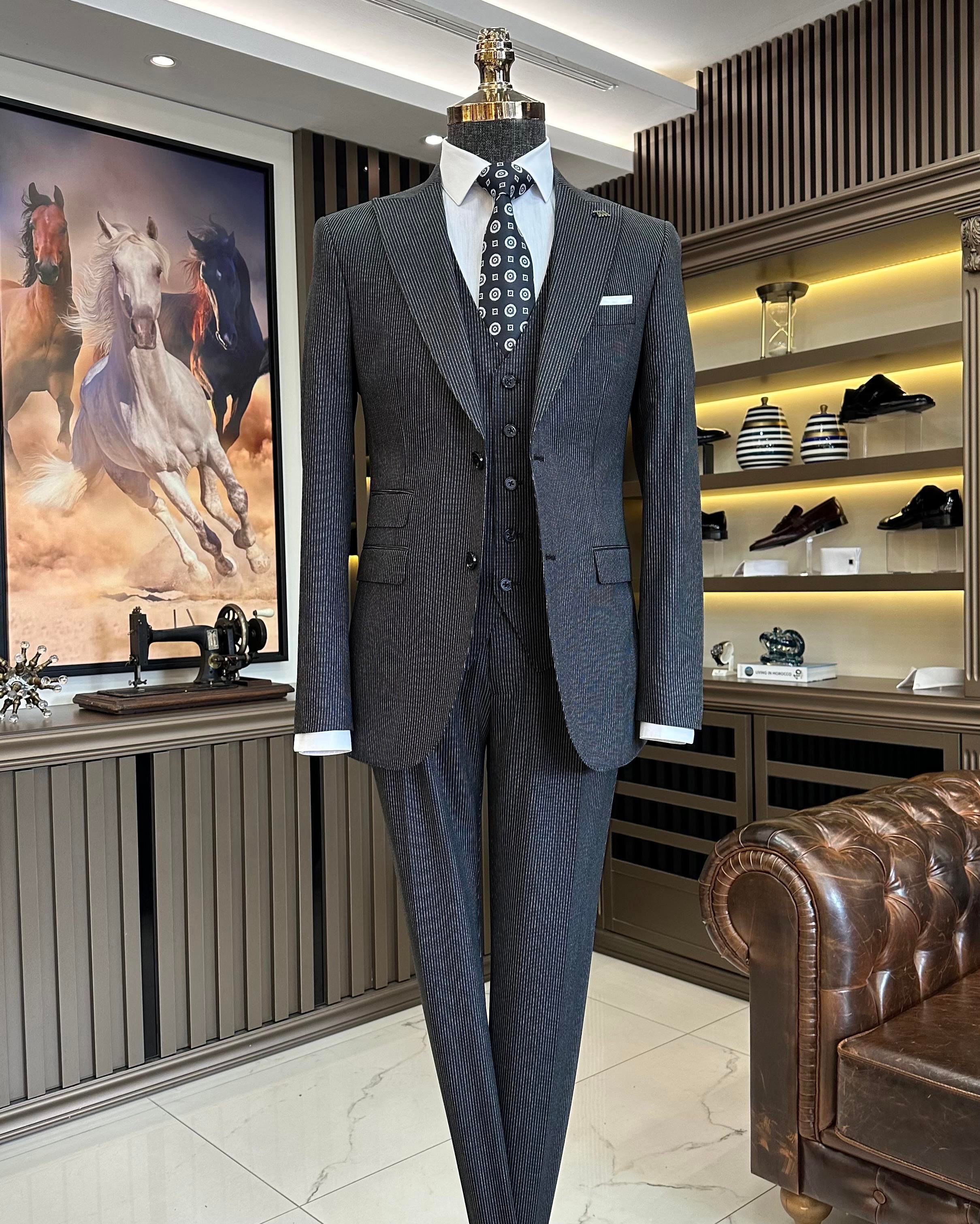 İtalyan stil 8 drop çizgili ceket pantolon takım elbise siyah T10712