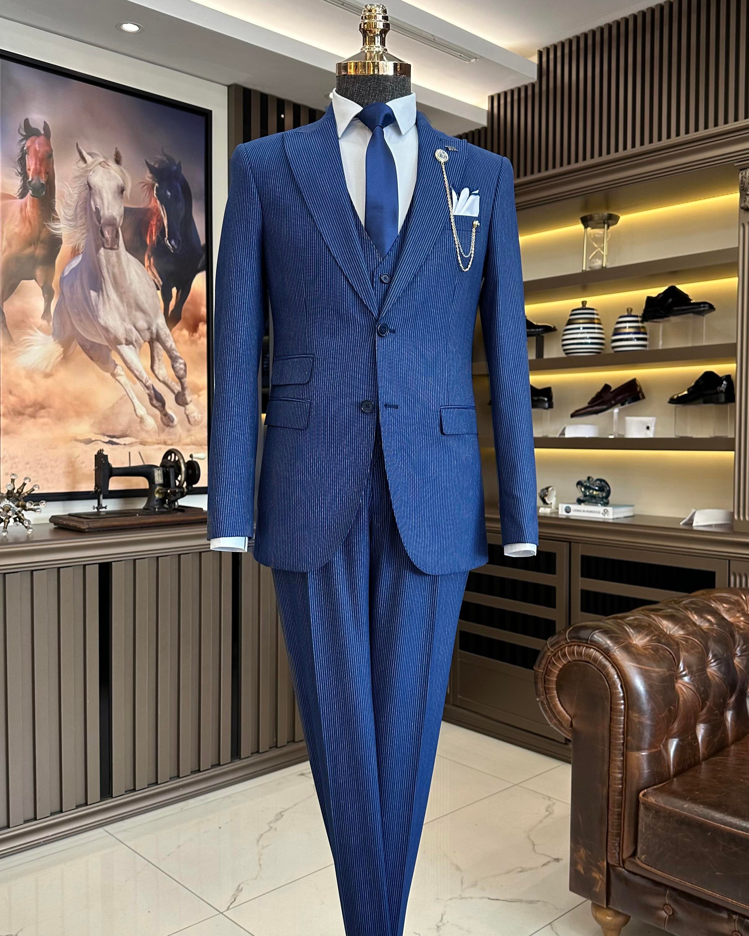 İtalyan stil 8 drop çizgili ceket pantolon takım elbise lacivert T10714