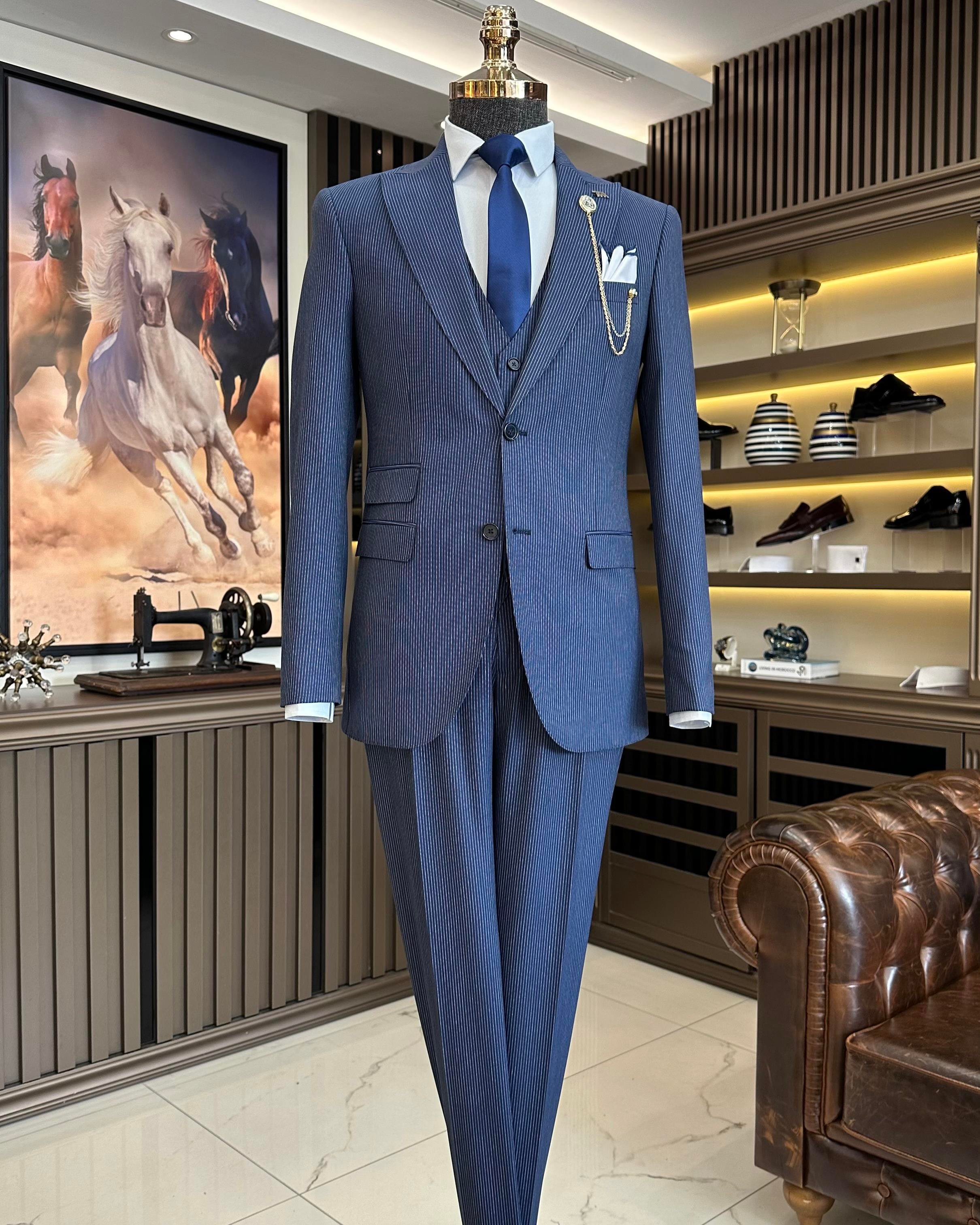 İtalyan stil 8 drop çizgili ceket pantolon takım elbise lacivert T10716