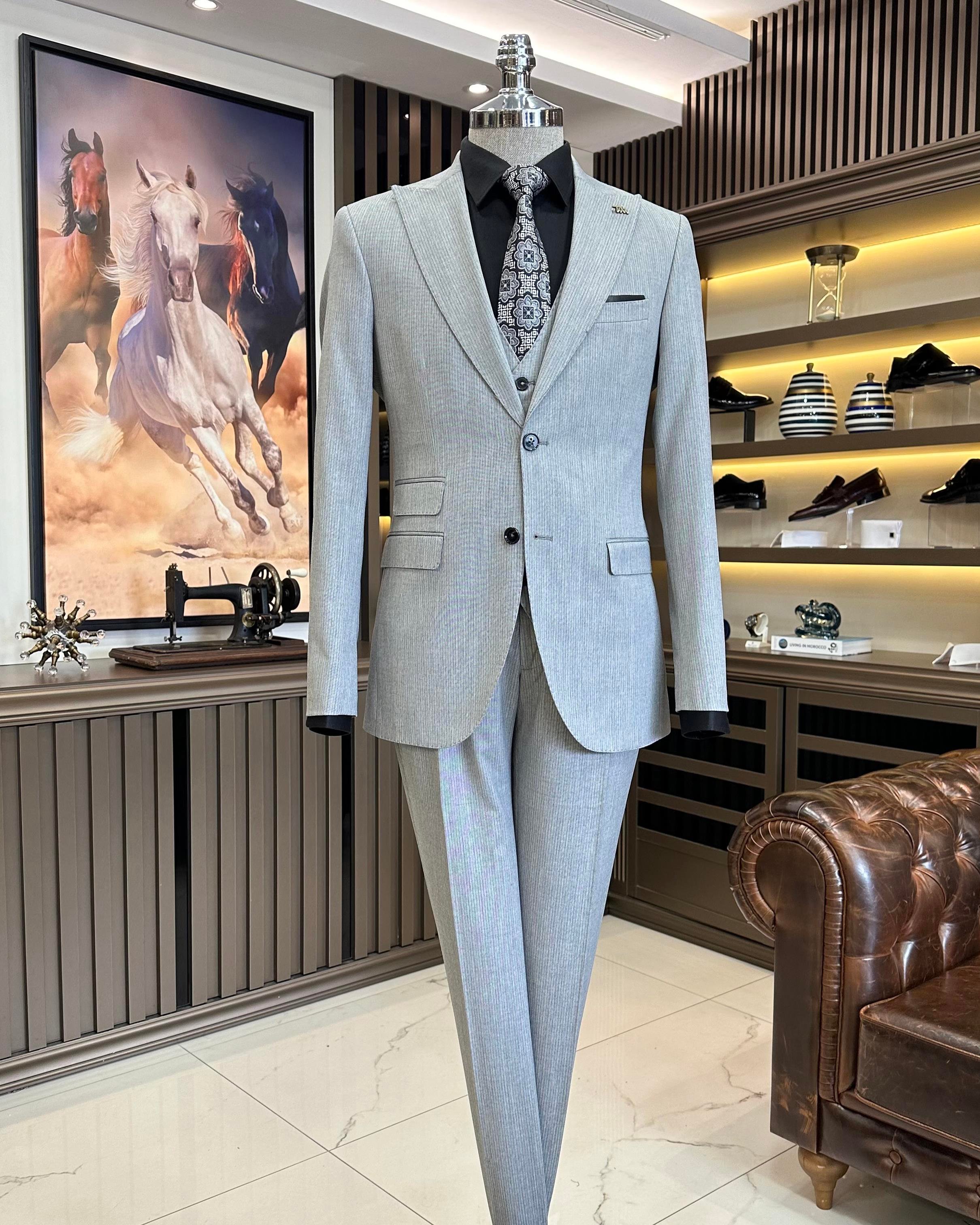 İtalyan stil 8 drop çizgili ceket pantolon takım elbise gri T10715