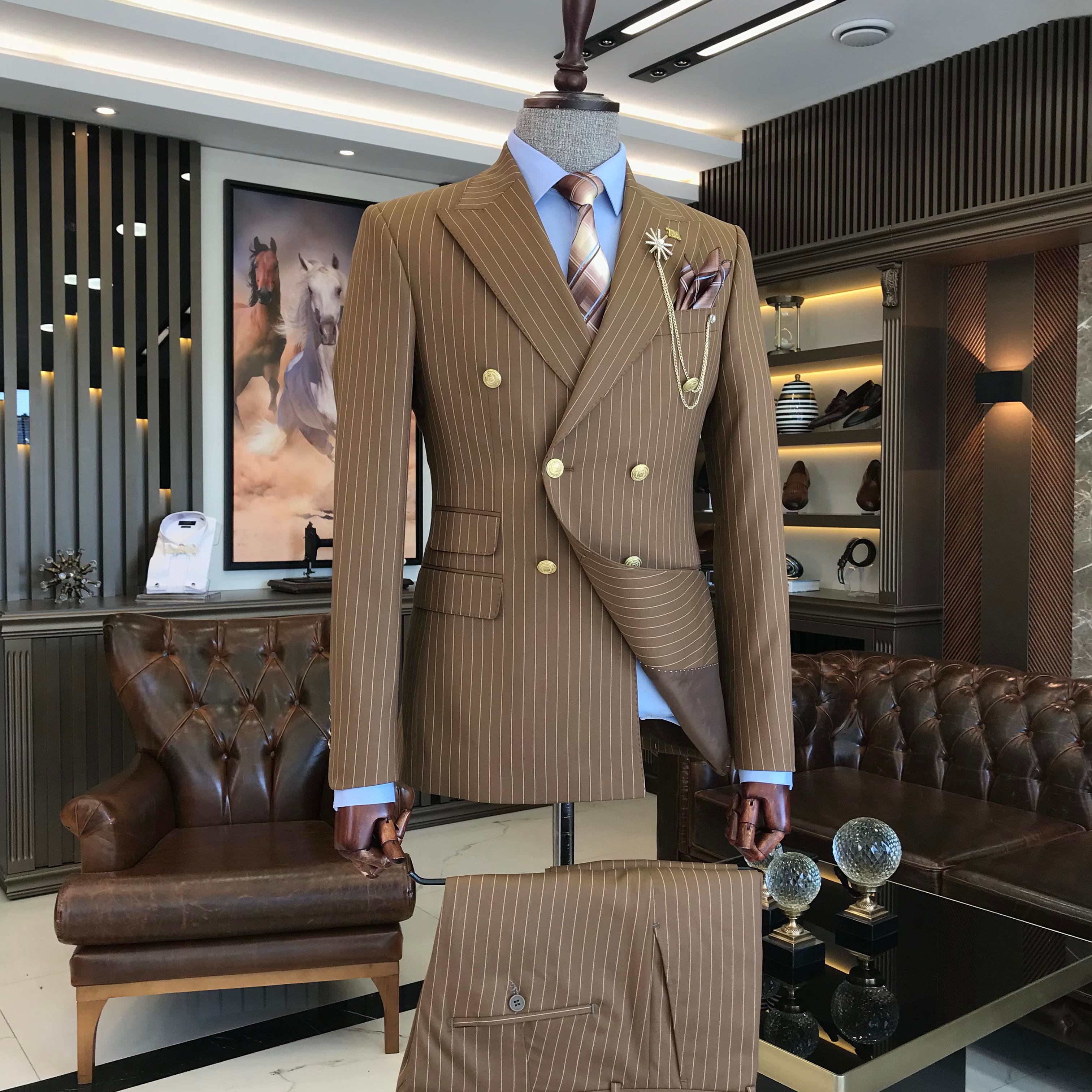 Italian style 8 drop striped double breasted jacket trouser suit