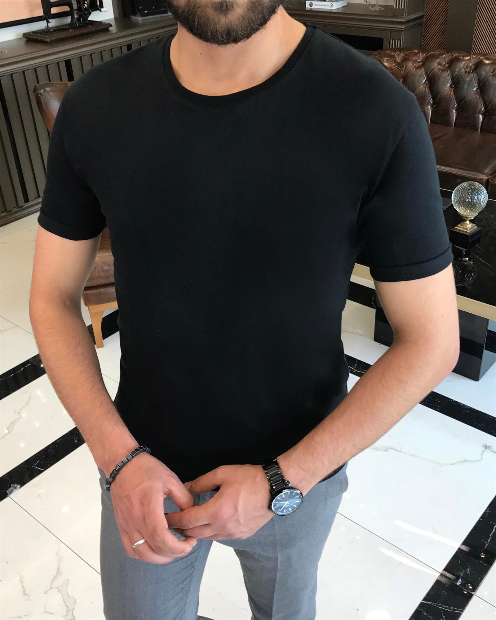 İtalyan stil armut yaka kısa kol basic t-shirt Siyah T4657