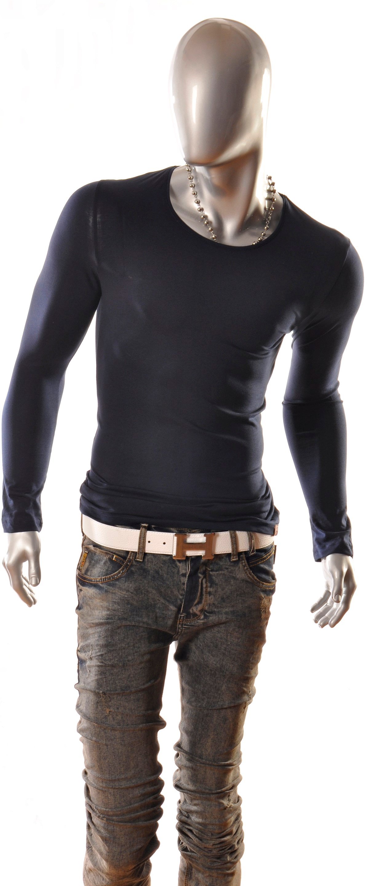 İtalyan stil armut yaka uzun kol basic t-shirt Lacivert T4641