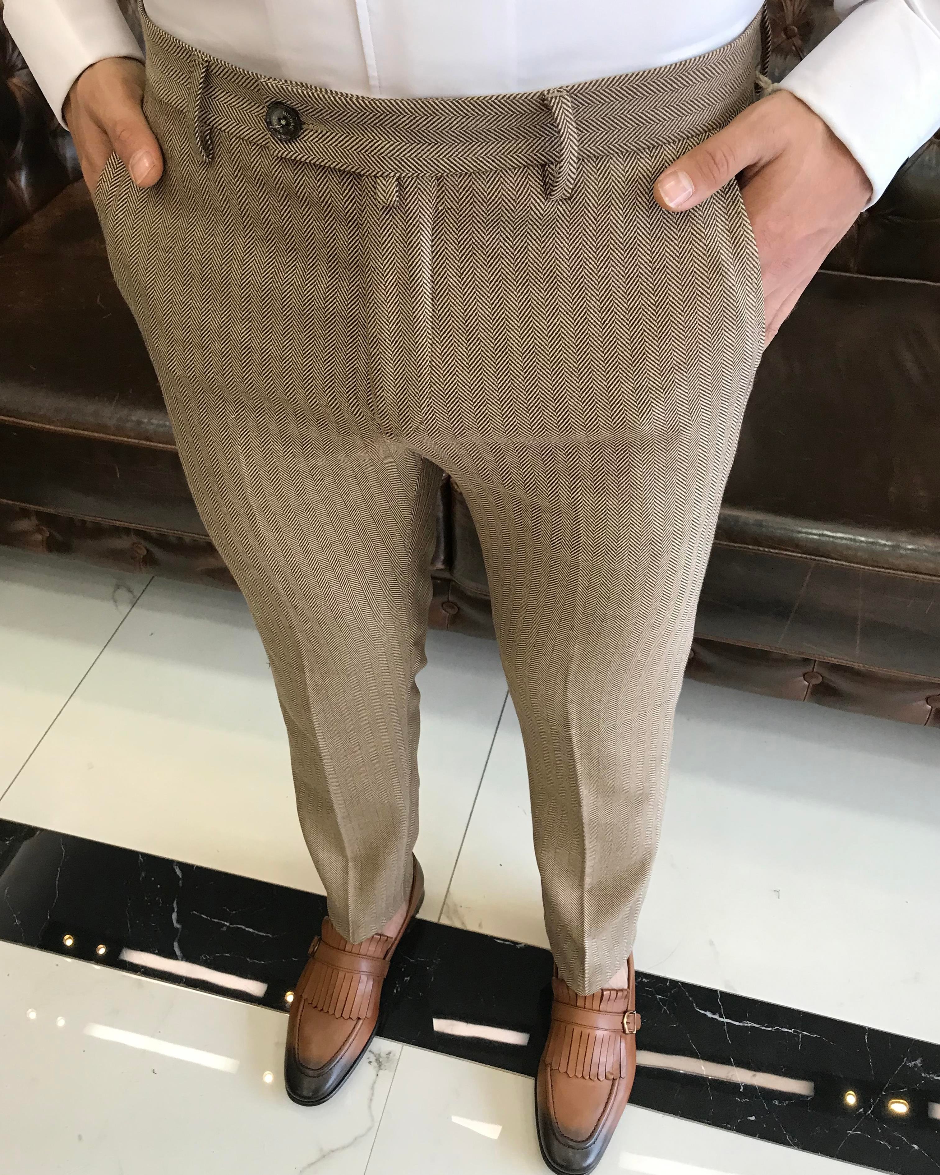 İtalyan stil balıksırtı desen erkek pantolon camel T11263