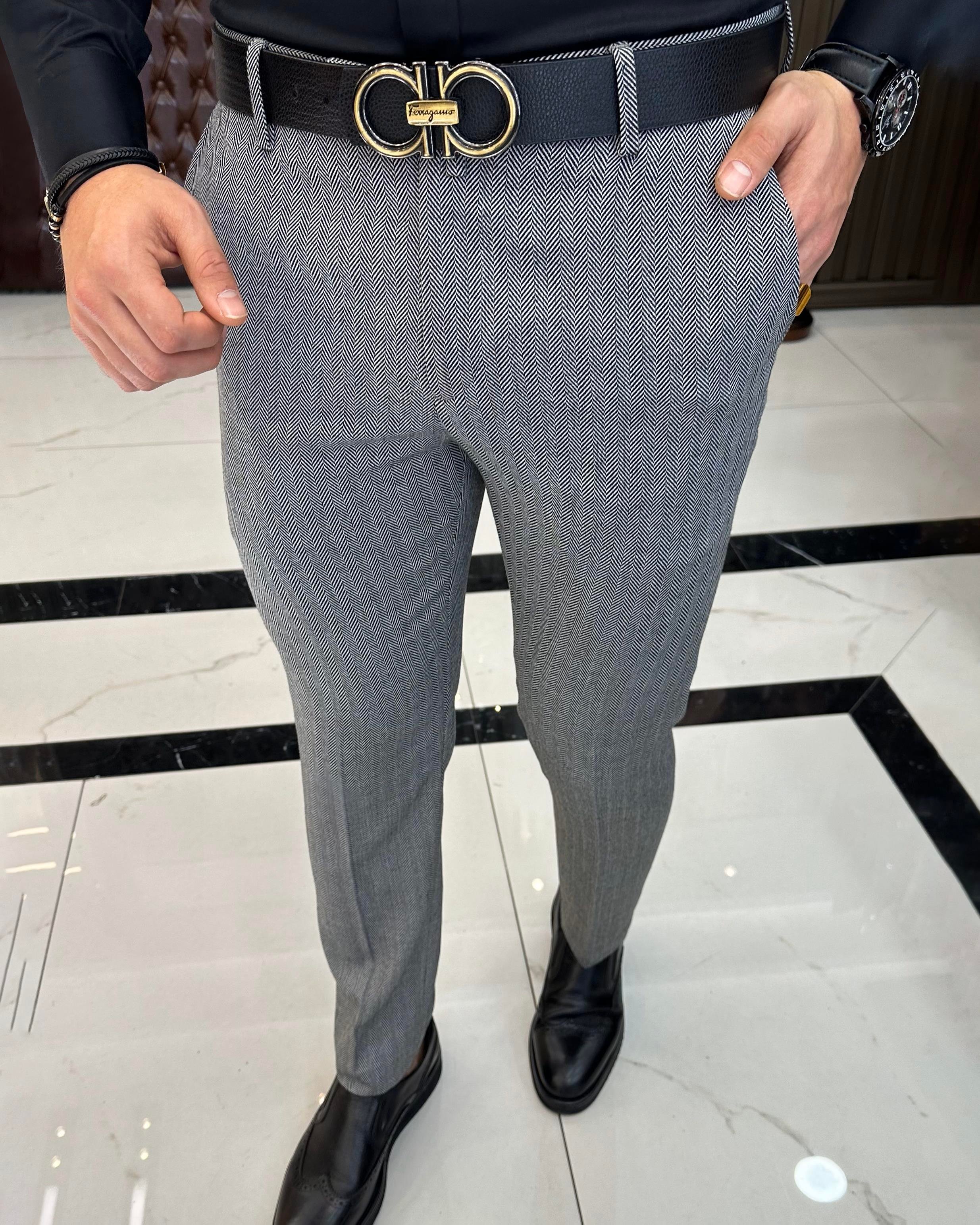 İtalyan stil balıksırtı desen erkek pantolon gri T11264