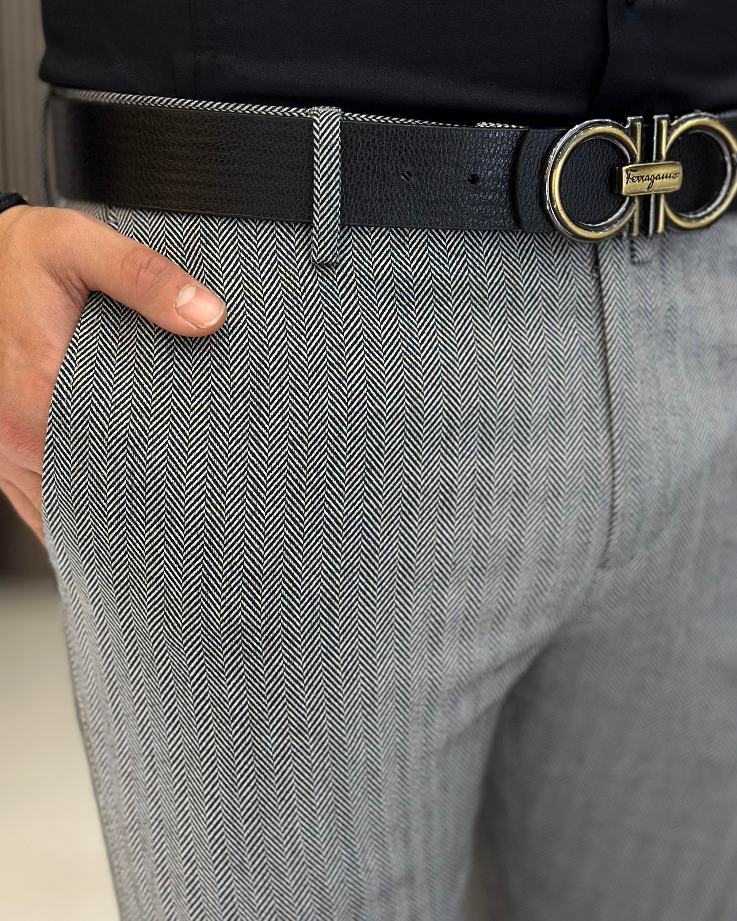 İtalyan stil balıksırtı desen erkek pantolon gri T11264