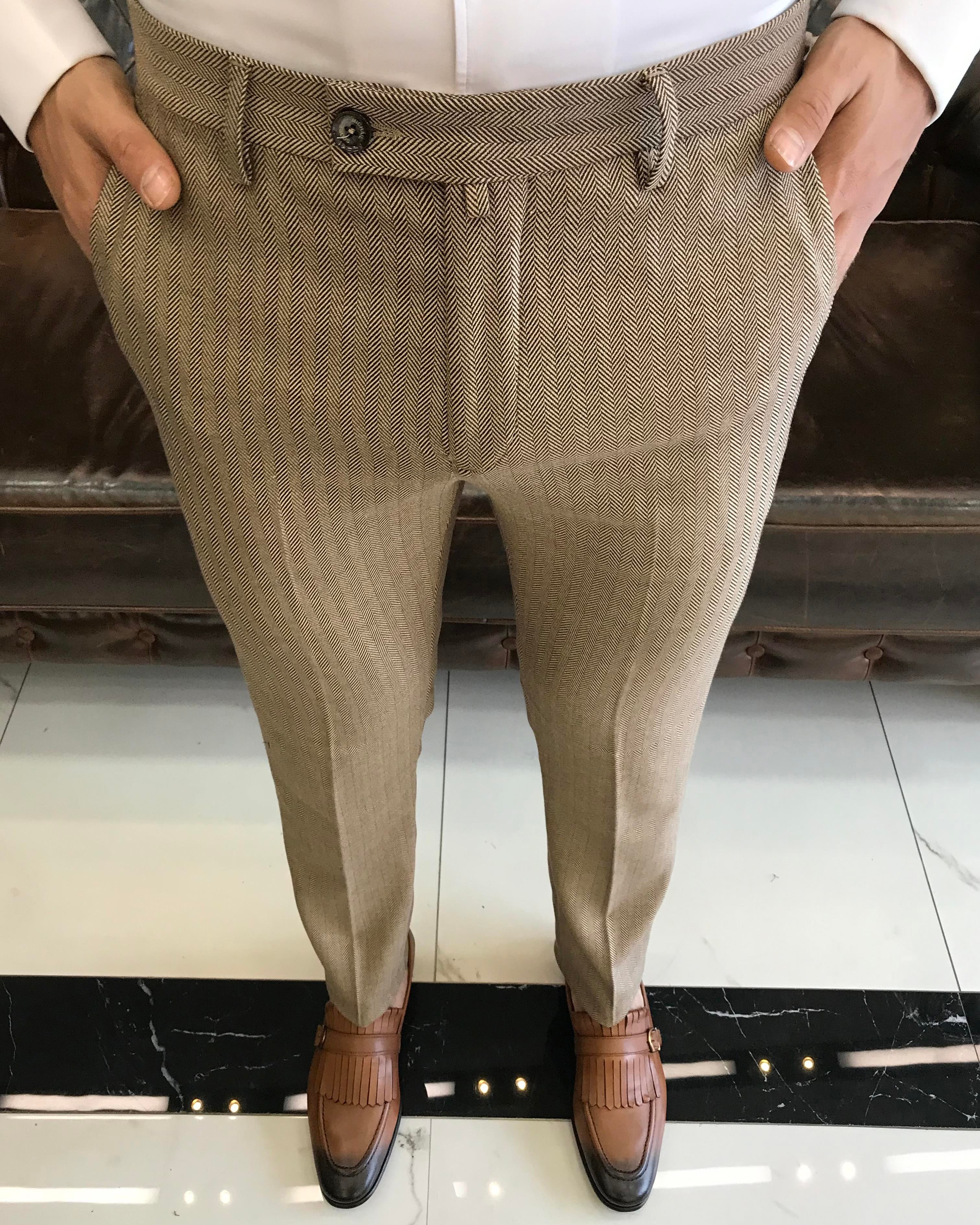 İtalyan stil balıksırtı desen erkek pantolon camel T11263