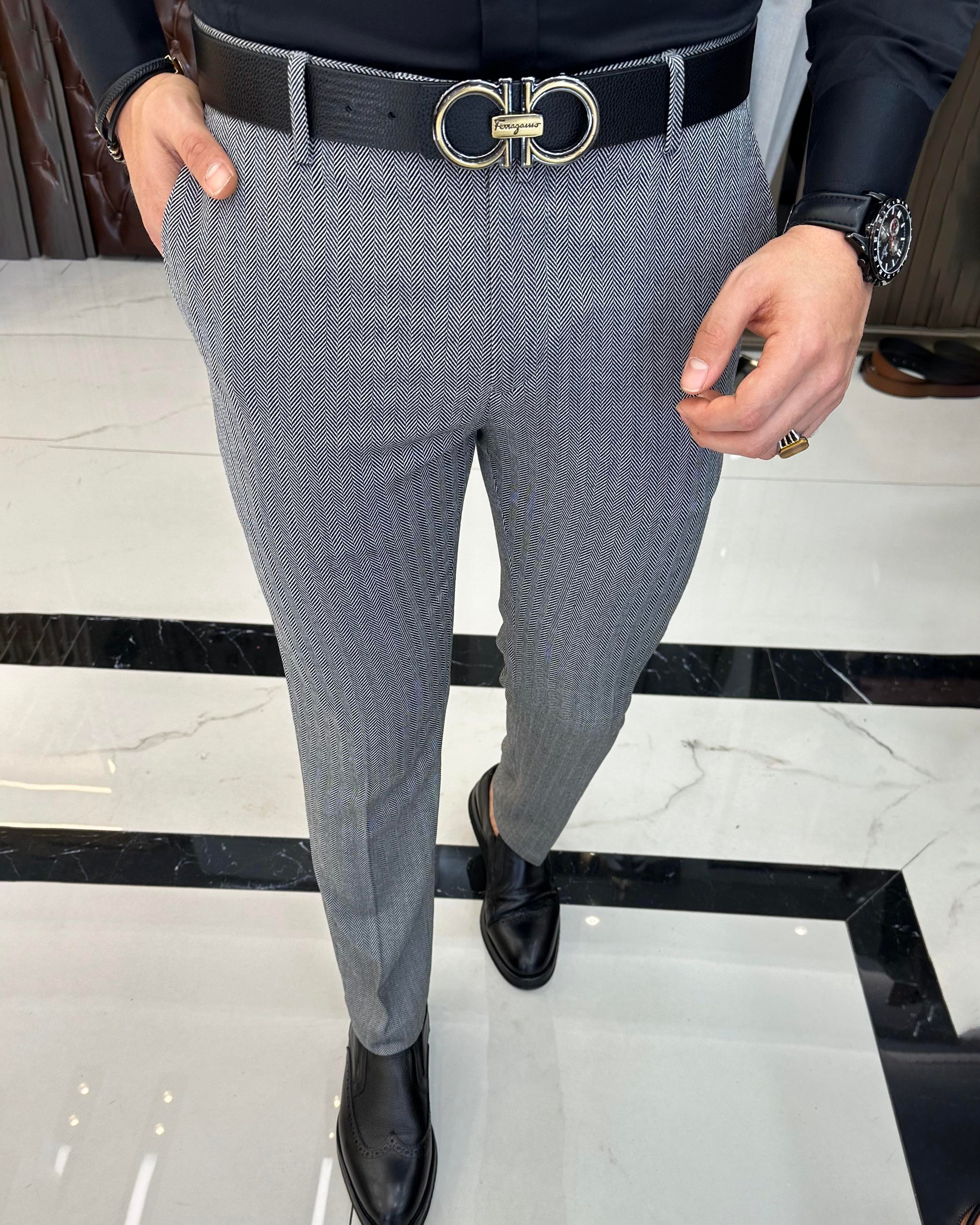 İtalyan stil balıksırtı desen erkek pantolon gri T11264