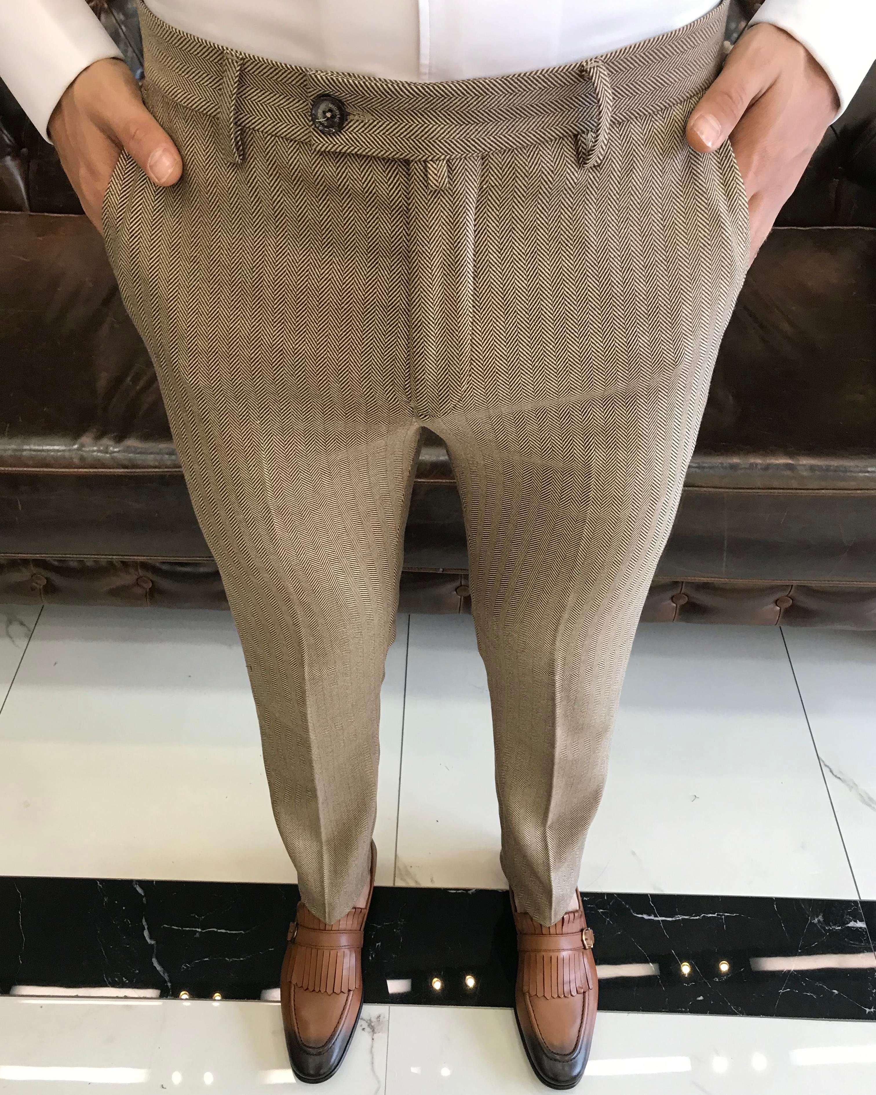 İtalyan stil balıksırtı desen erkek pantolon camel T11263
