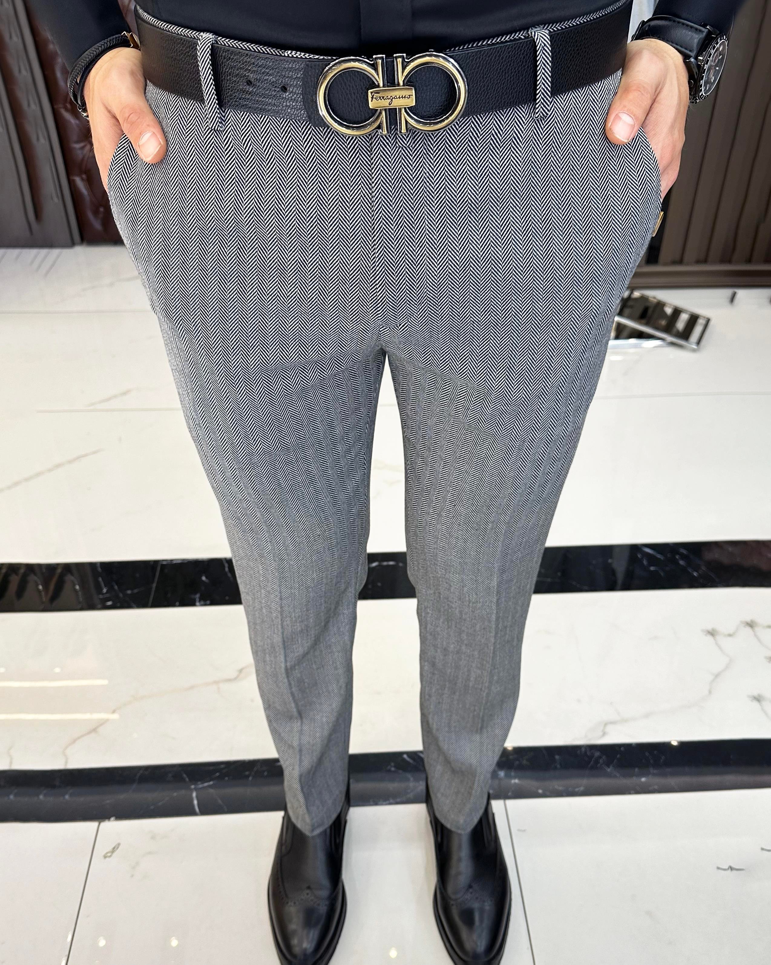 İtalyan stil balıksırtı desen erkek pantolon gri T11264