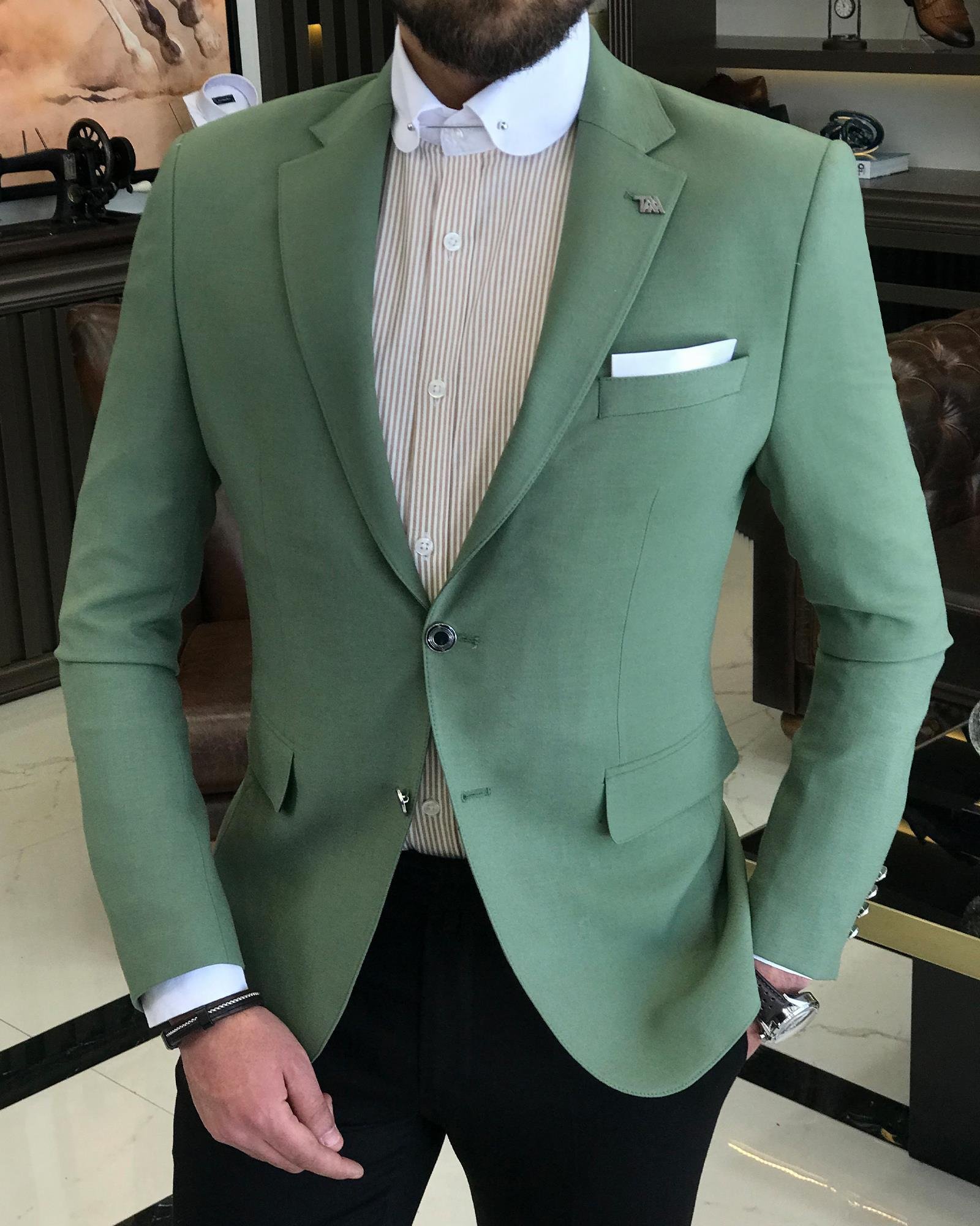 Italian Style Battal Blazer Men's Single Jacket Khaki T7692