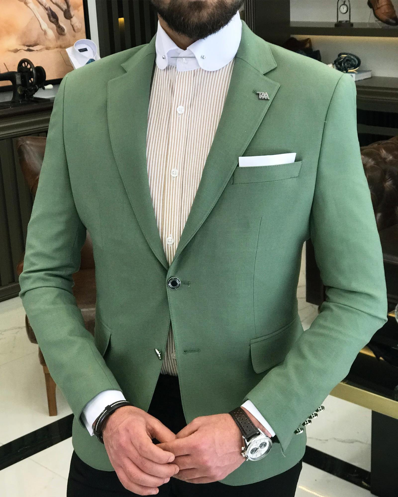 Italian Style Battal Blazer Men's Single Jacket Khaki T7692