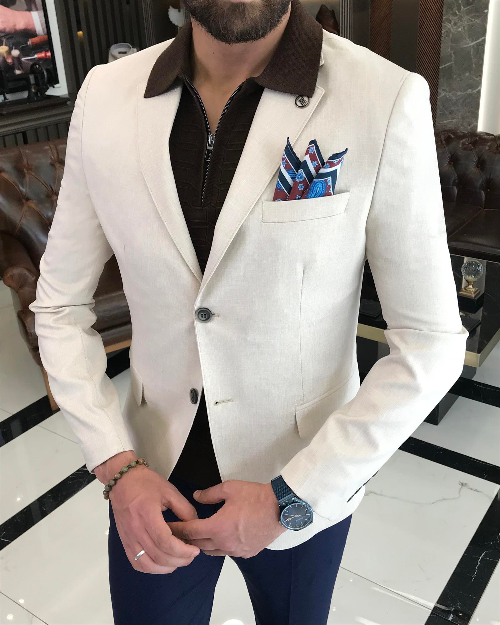 Italian Style Battal Blazer Men's Only Jacket Beige T7708