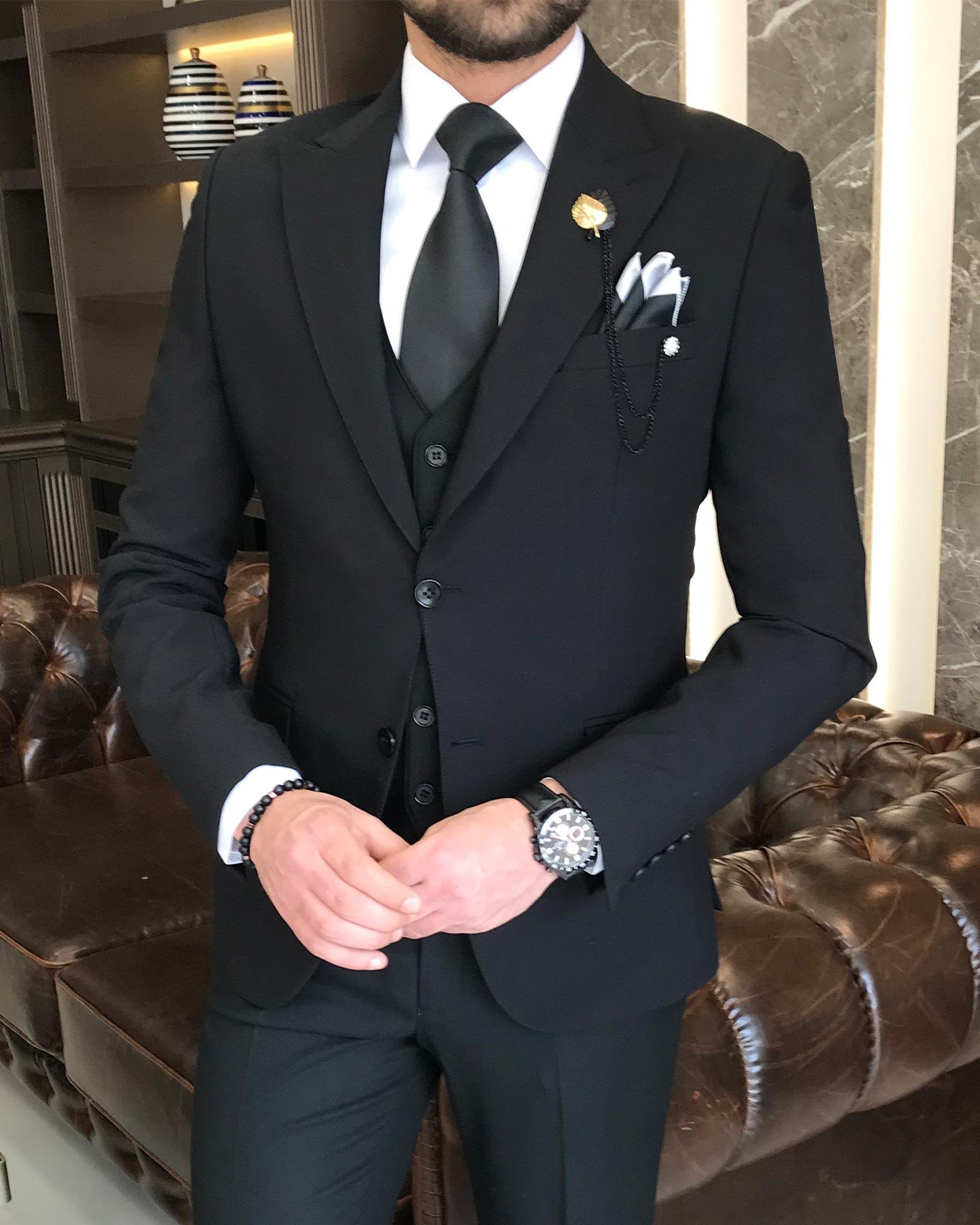 Italian Style Jacket Vest Trousers Suit Black T7865
