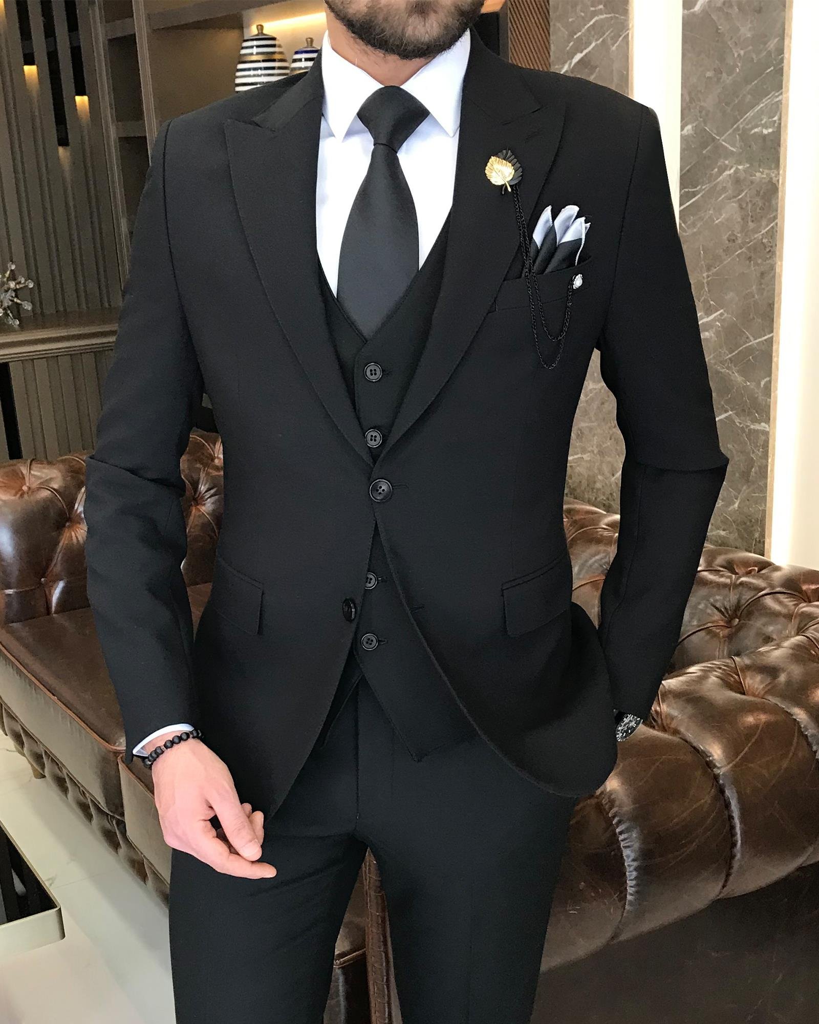Italian Style Jacket Vest Trousers Suit Black T7865