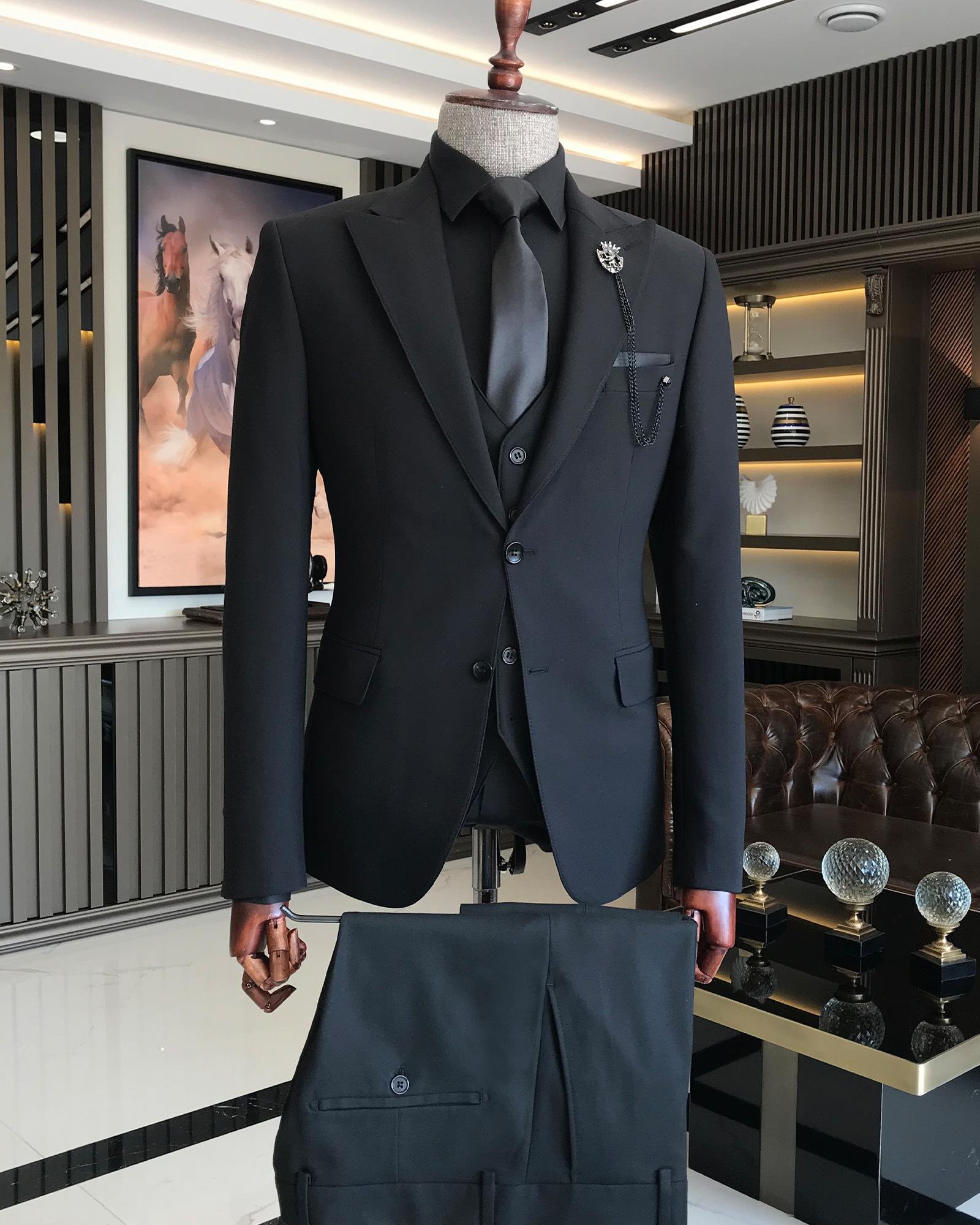 Italian Style Jacket Vest Trousers Suit Black T7865