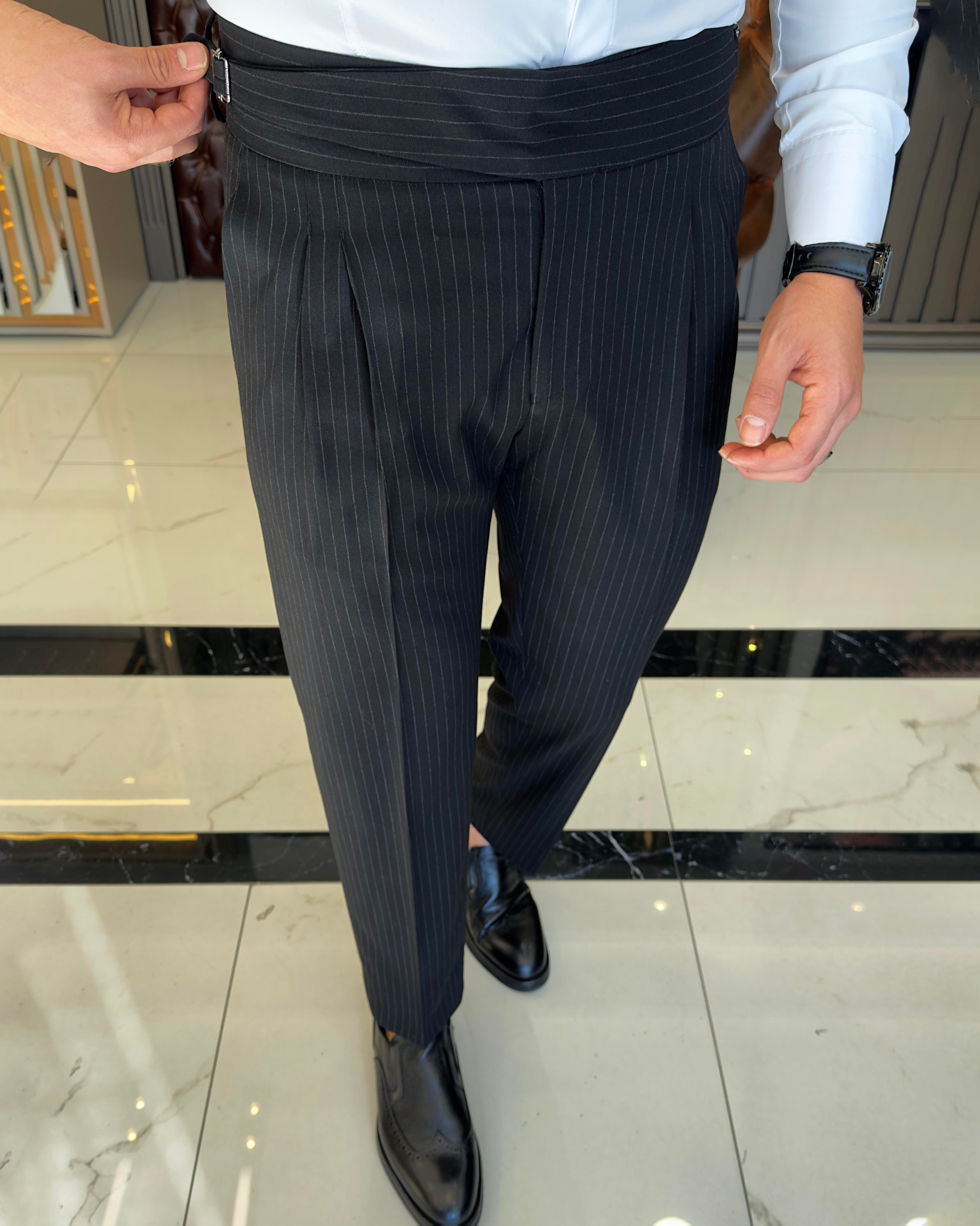 İtalyan stil bel detaylı pileli erkek pantolon siyah T11056