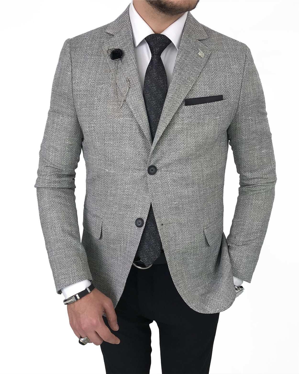 İtalyan stil blazer erkek tek ceket Gri T7701
