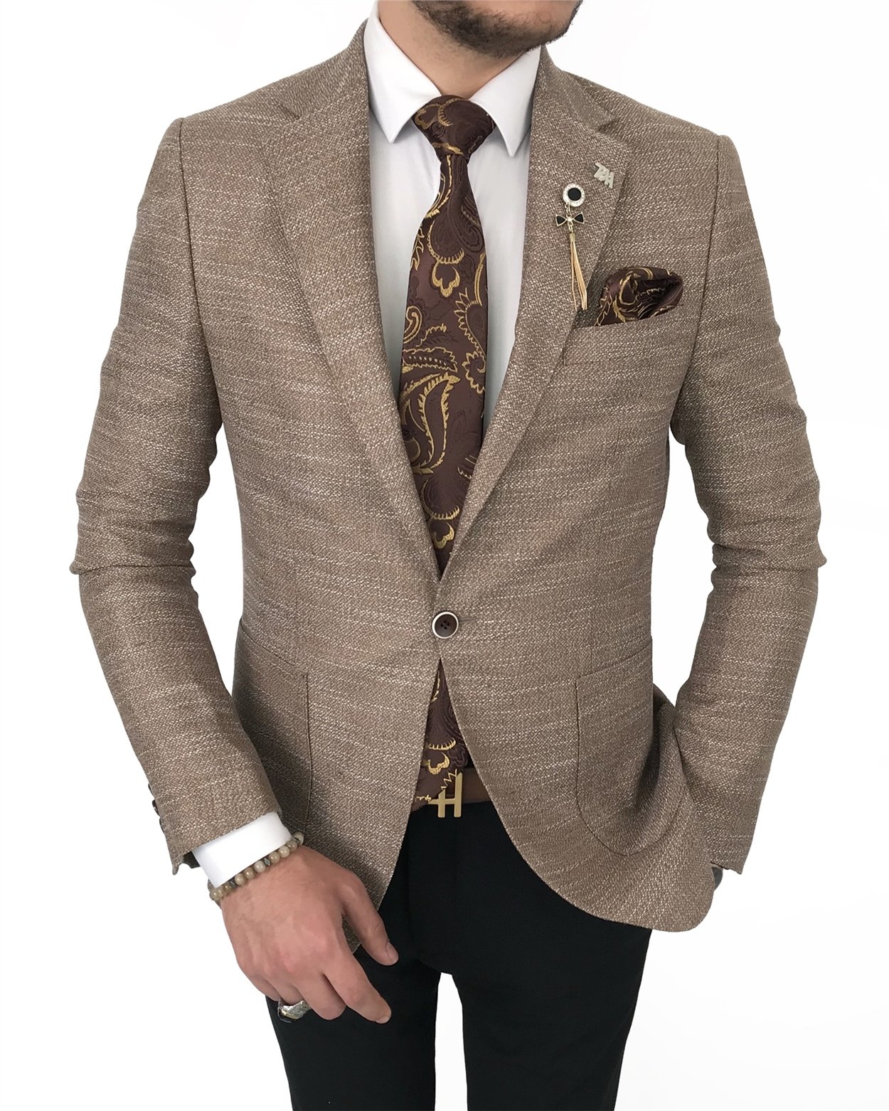 İtalyan stil blazer erkek tek ceket Kahverengi T7699