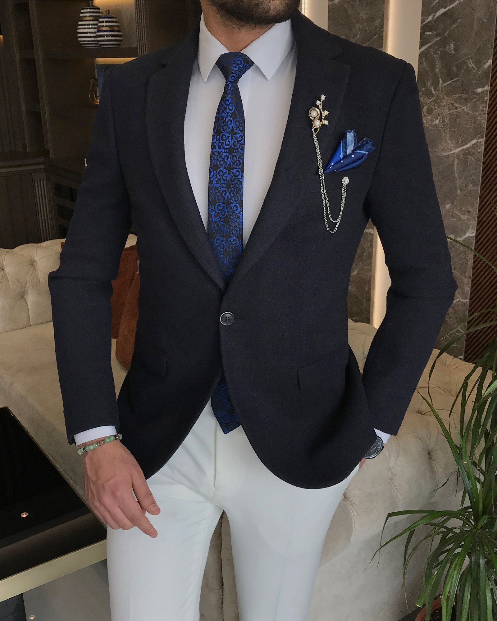 İtalyan stil blazer erkek tek ceket Lacivert   T8800