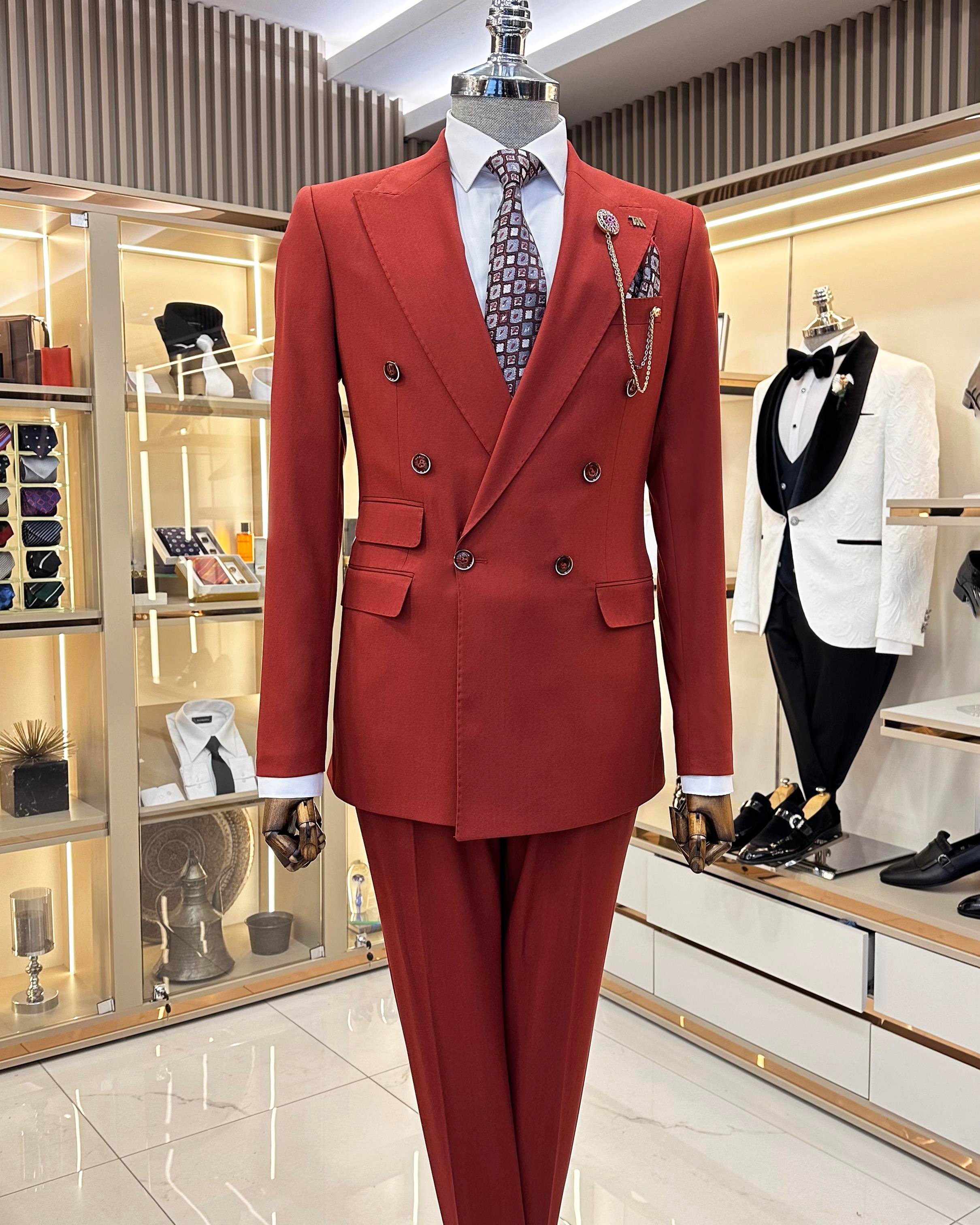 İtalyan stil ceket pantolon erkek takım elbise kırmızı T11085