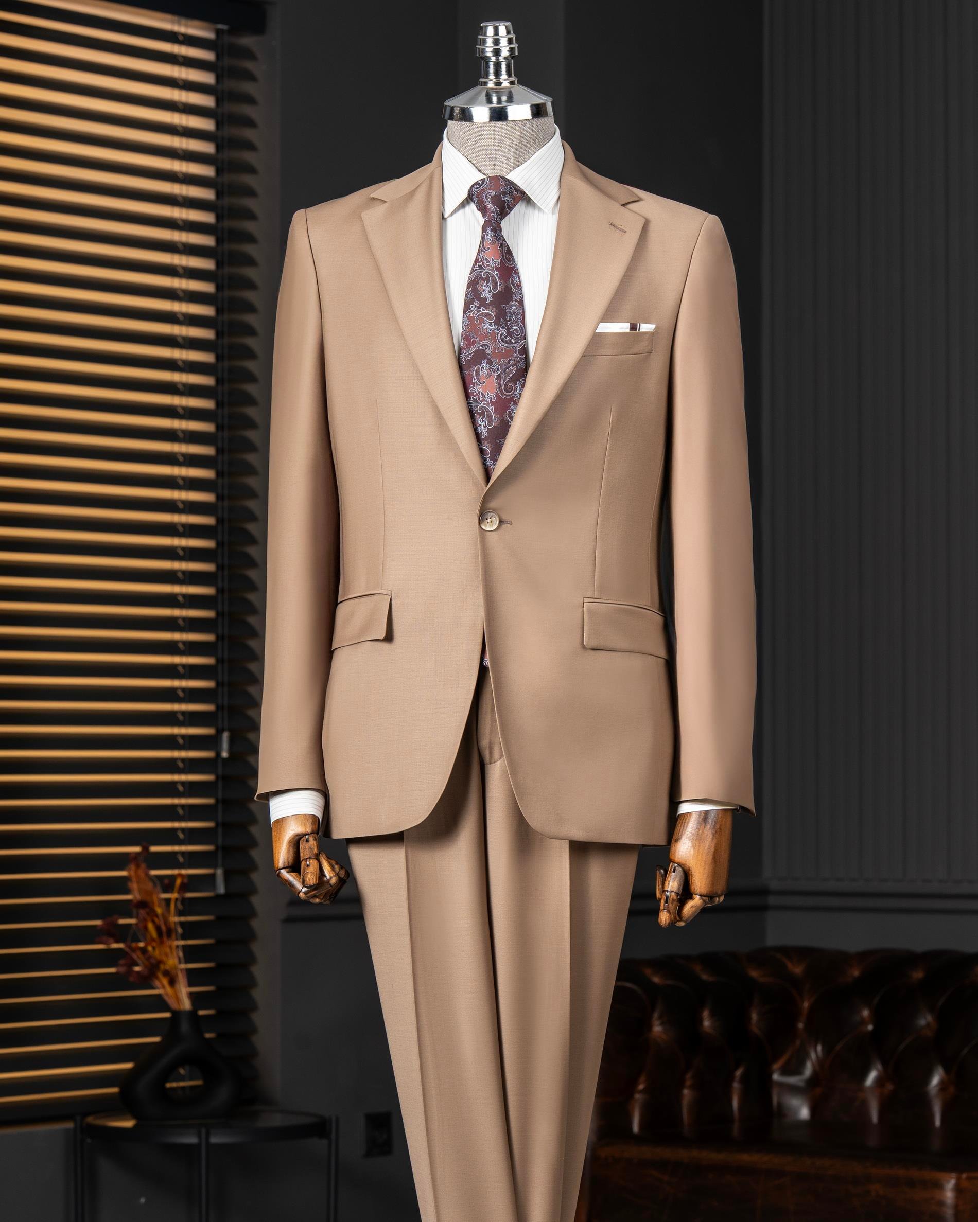 İtalyan stil ceket pantolon takım elbise %88 yünlü kahverengi T14162
