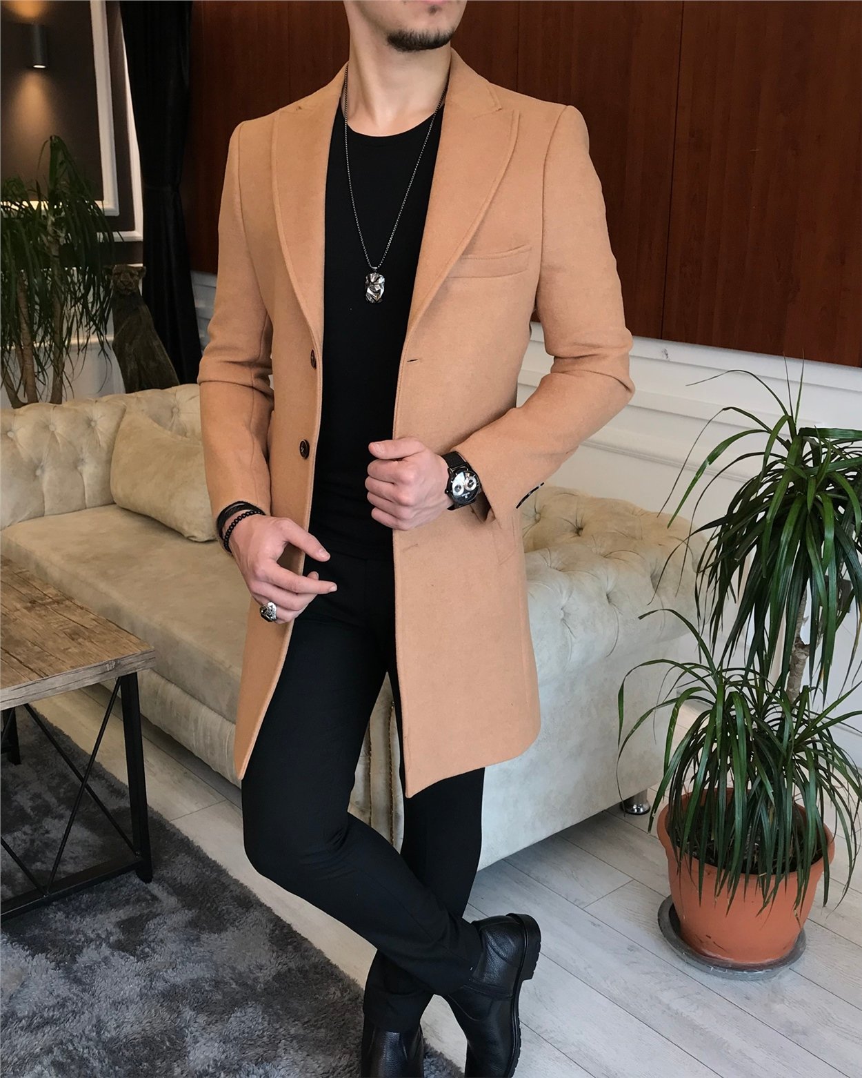 İtalyan stil ceket yaka yün kaşe kaban camel T6699