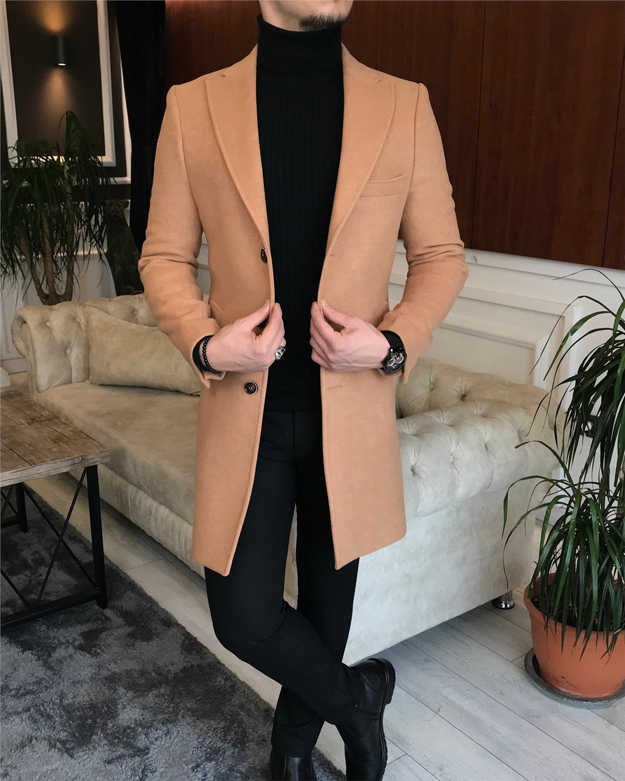 İtalyan stil ceket yaka yün kaşe kaban camel T6699