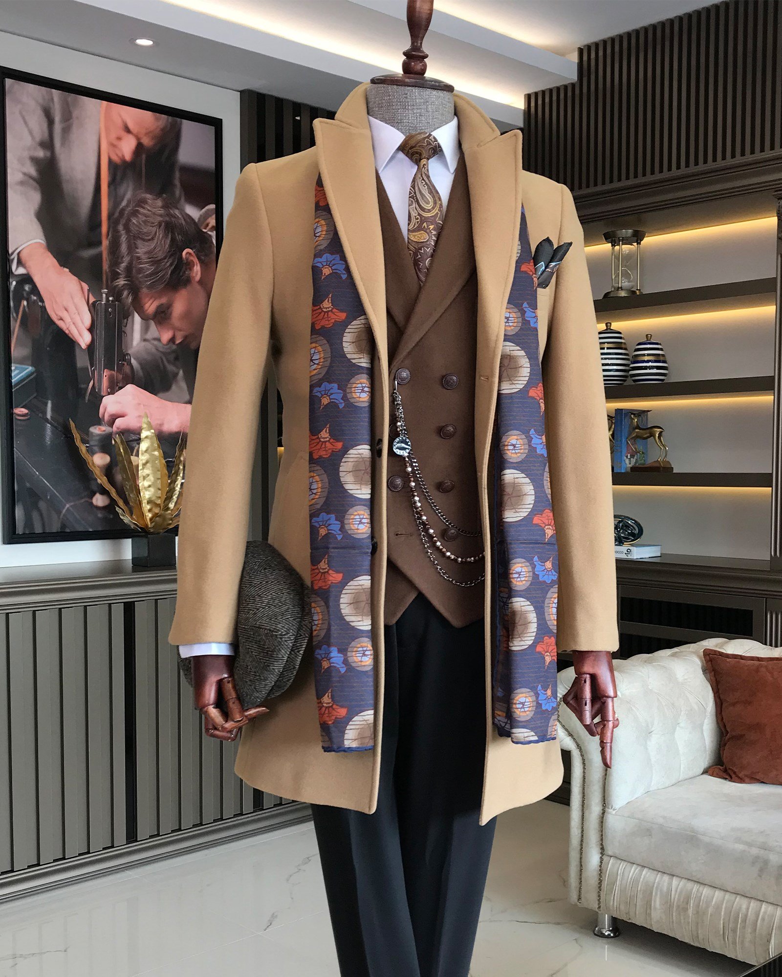 İtalyan stil ceket yaka yün kaşe kaban Camel T8665