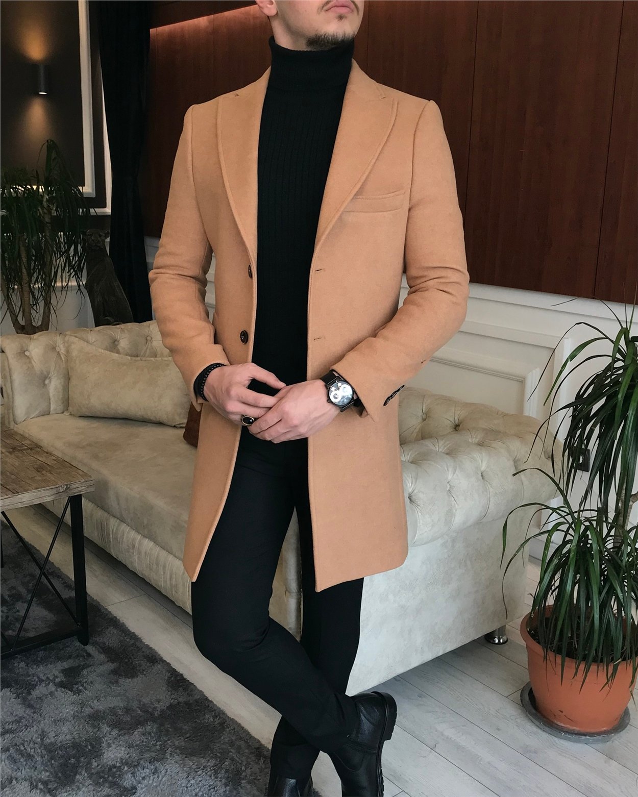 İtalyan stil ceket yaka yün kaşe kaban camel T6699