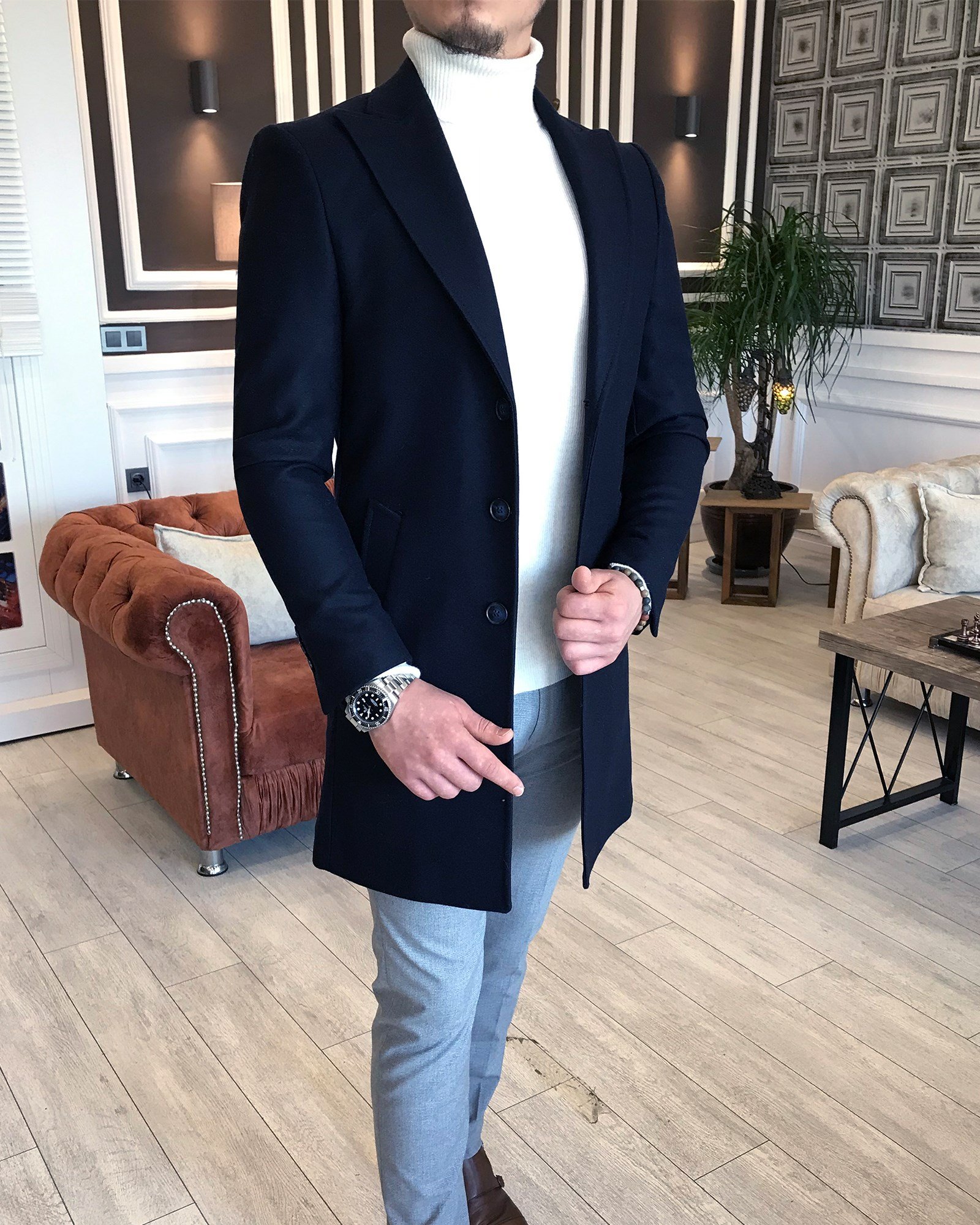 İtalyan stil ceket yaka yün kaşe kaban lacivert T3885