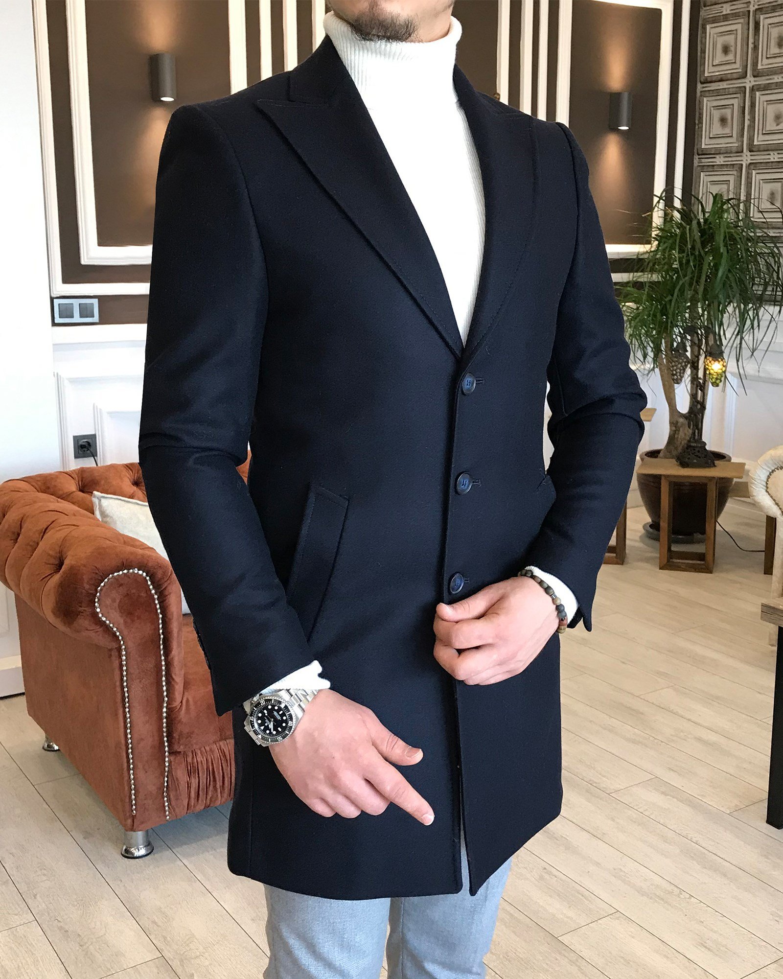 İtalyan stil ceket yaka yün kaşe kaban lacivert T3885
