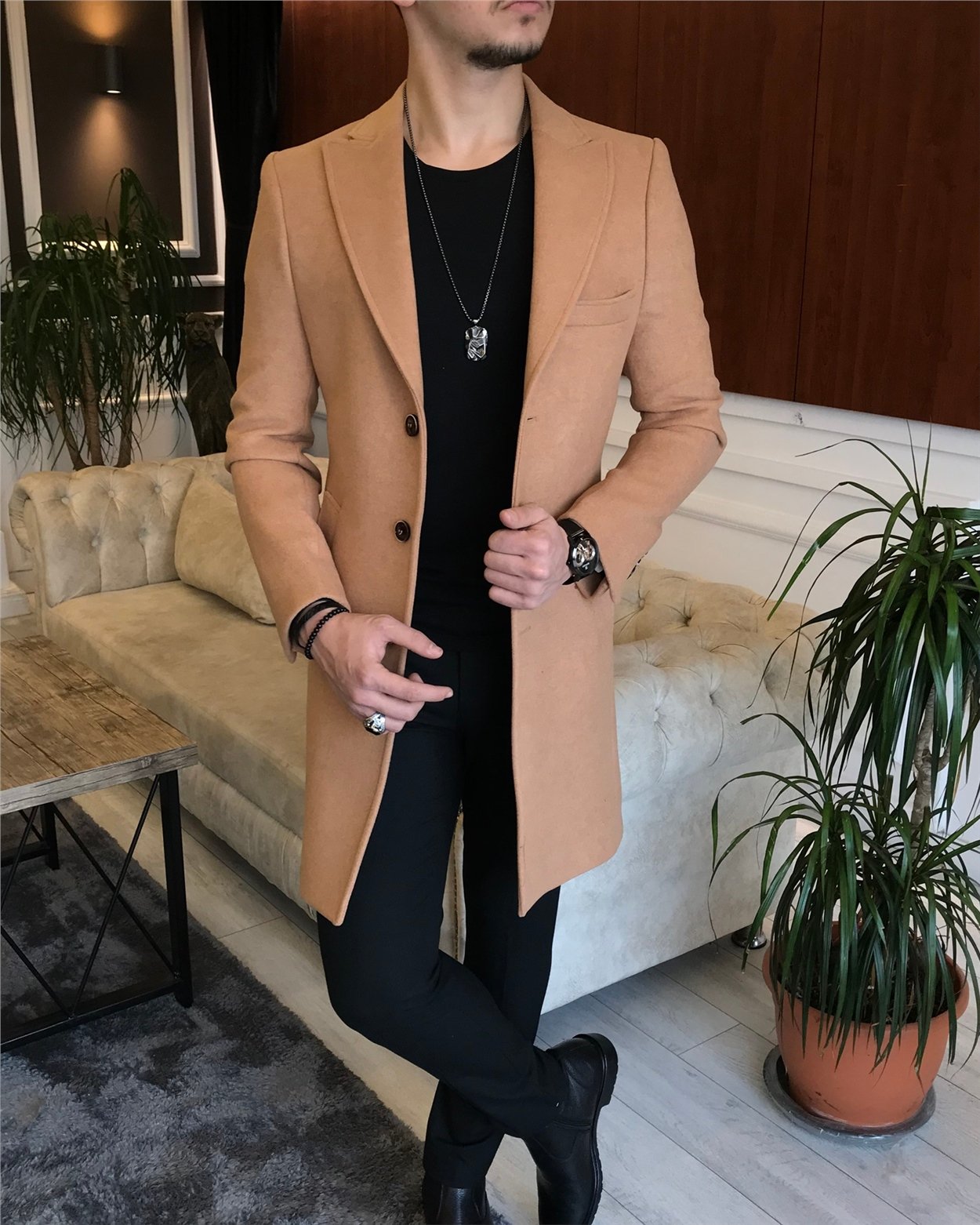 İtalyan stil ceket yaka yün kaşe kaban camel T6699