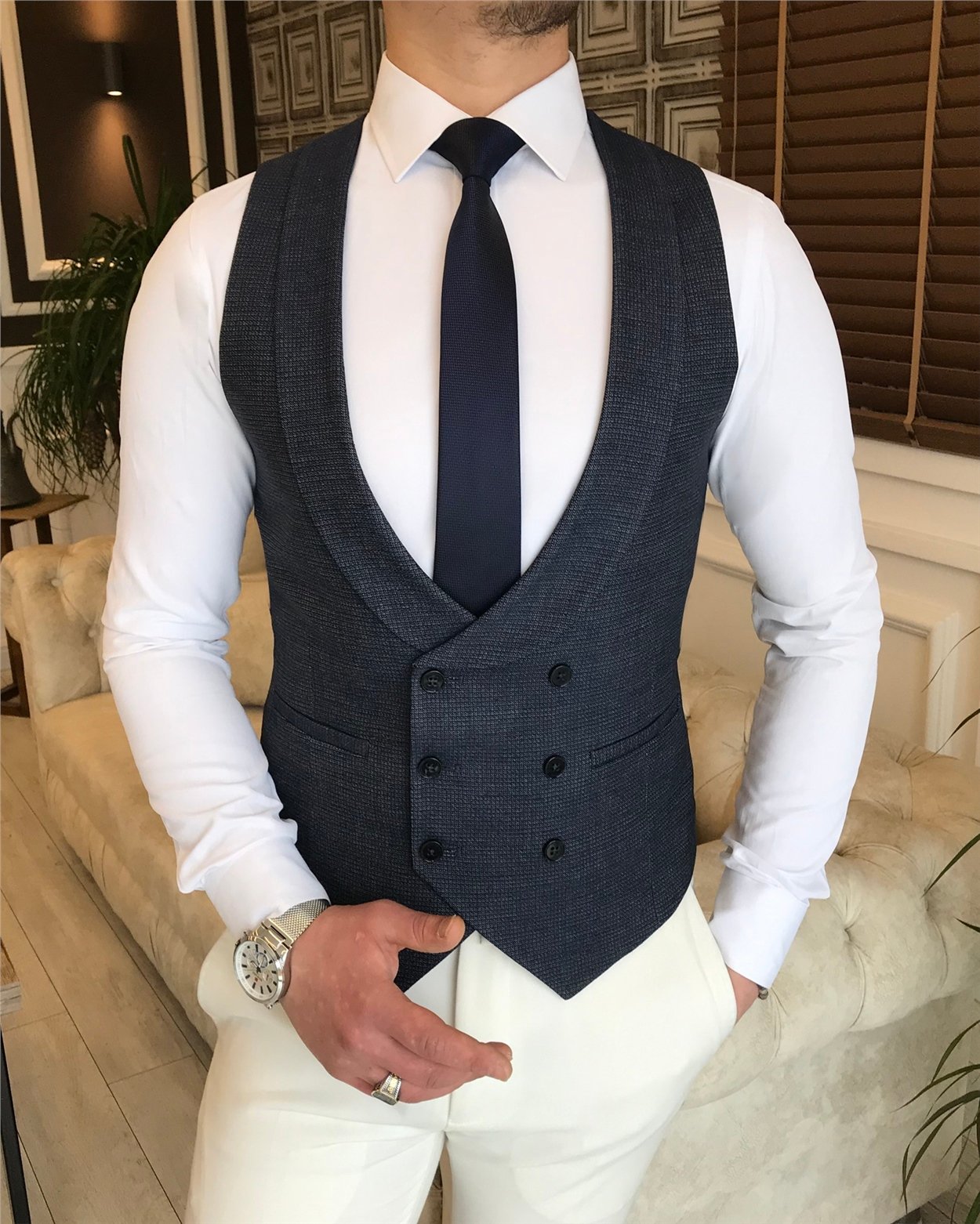 İtalyan stil ceket yelek pantalon kombin takım elbise Lacivert T5805