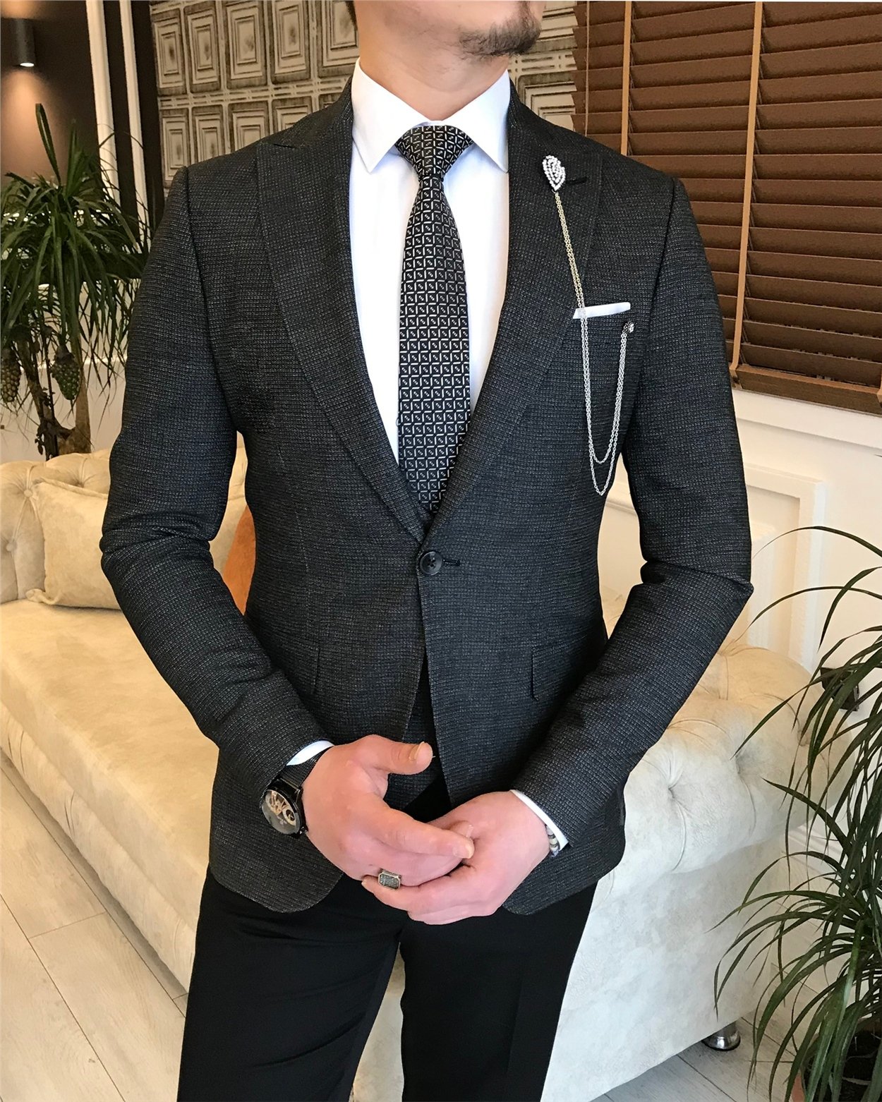 İtalyan stil ceket yelek pantalon kombin takım elbise Siyah T5814