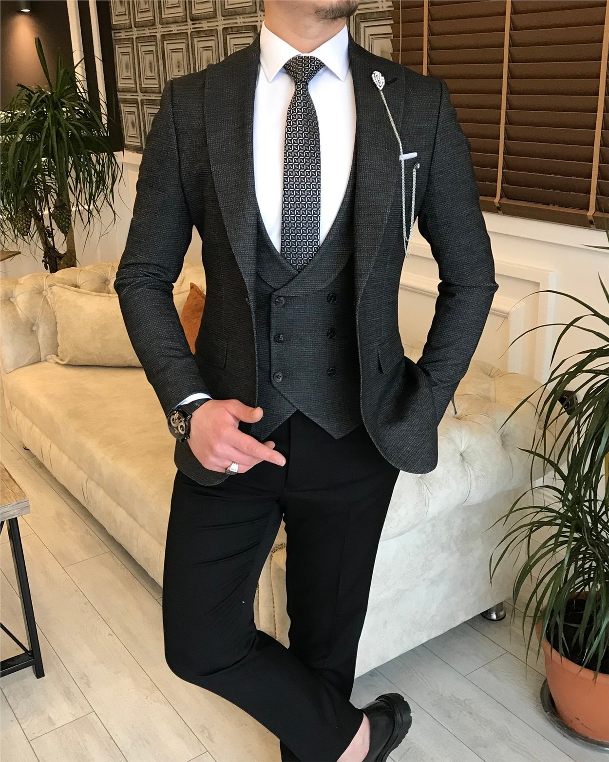 İtalyan stil ceket yelek pantalon kombin takım elbise Siyah T5814