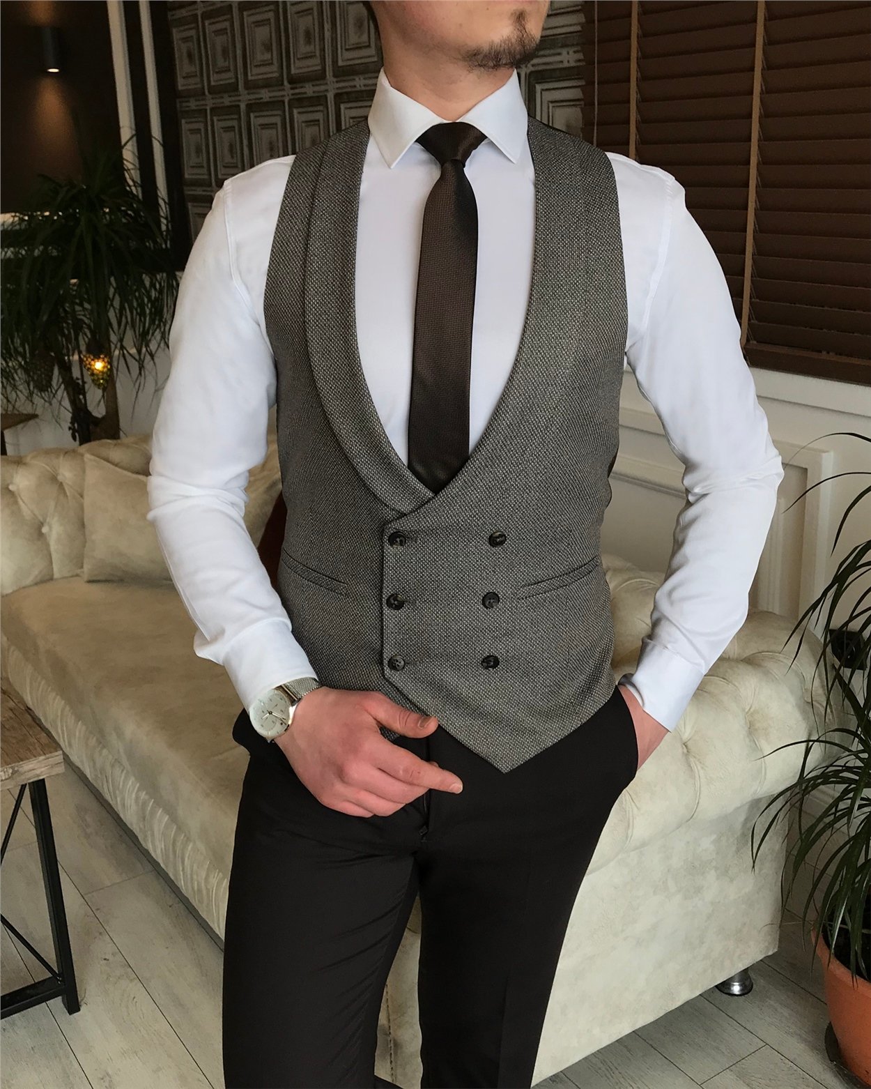 İtalyan stil ceket yelek pantalon kombin takım elbise Kahverengi T5813