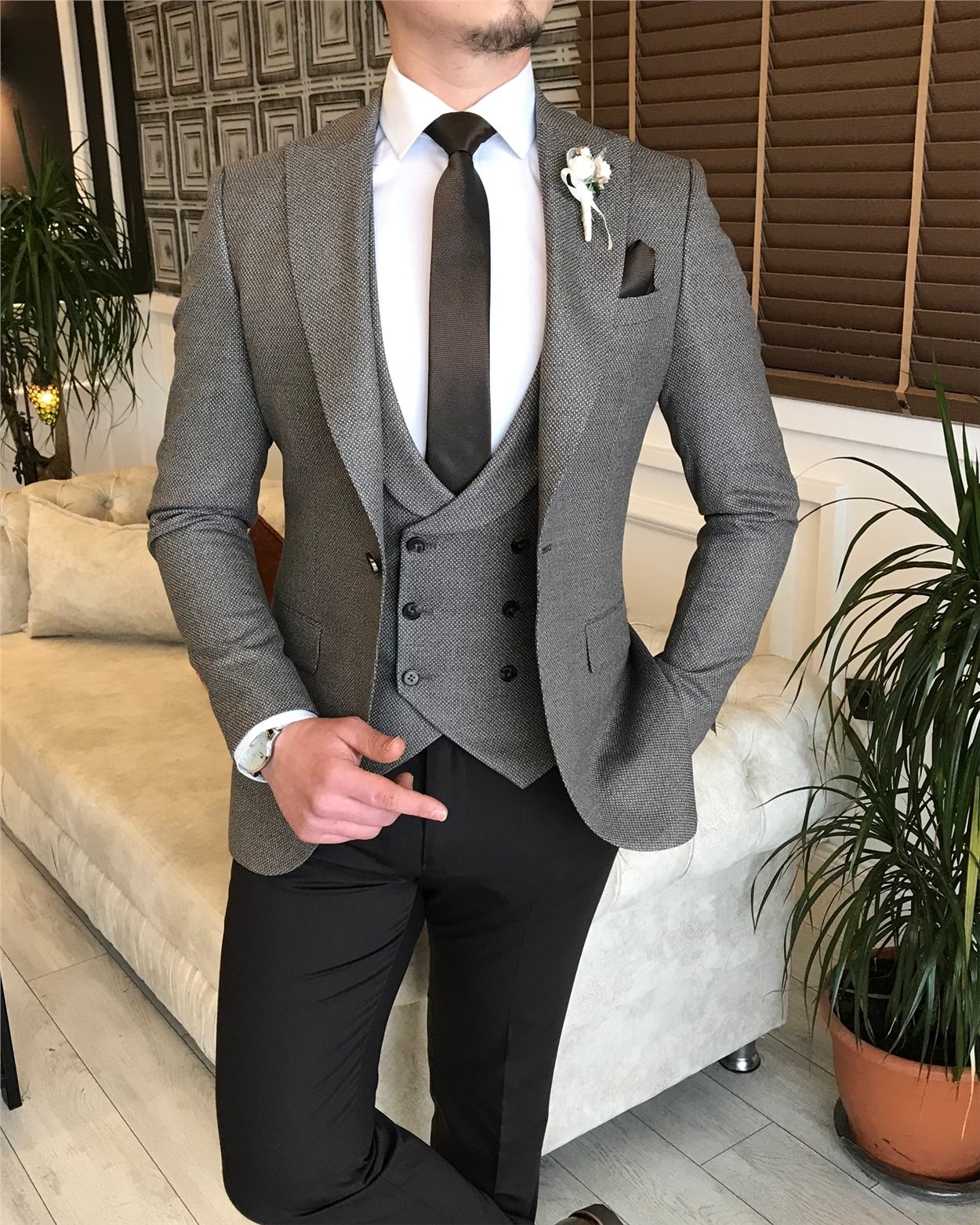 İtalyan stil ceket yelek pantalon kombin takım elbise Kahverengi T5813