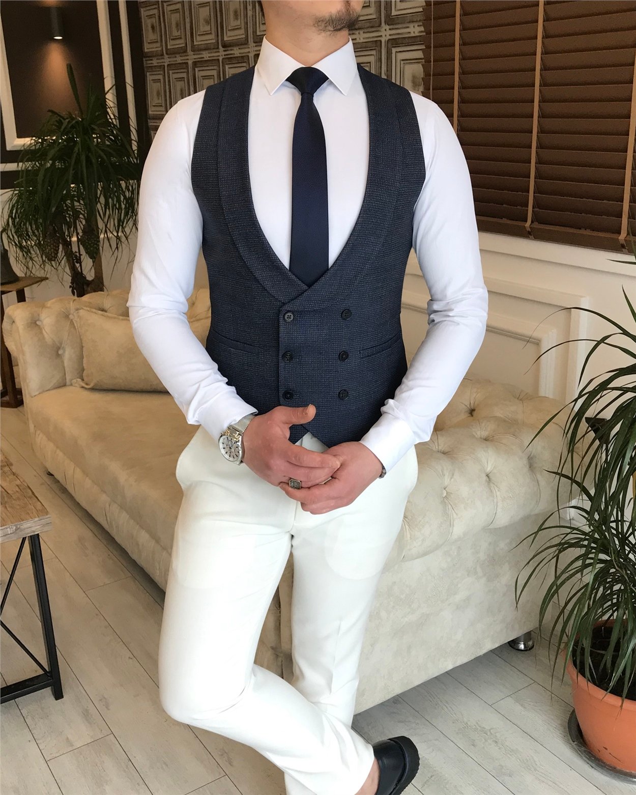 İtalyan stil ceket yelek pantalon kombin takım elbise Lacivert T5805