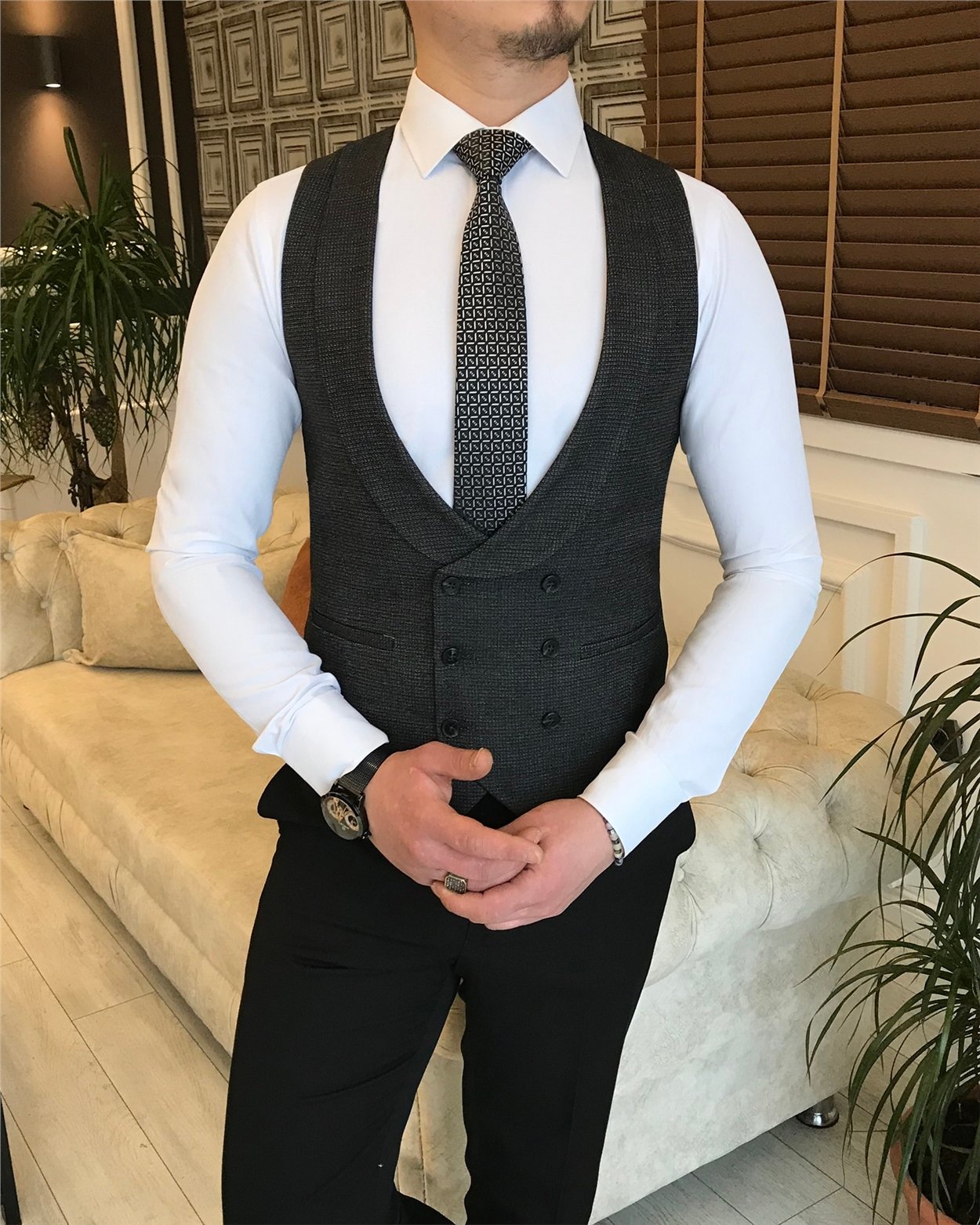 İtalyan stil ceket yelek pantalon kombin takım elbise Siyah T5814