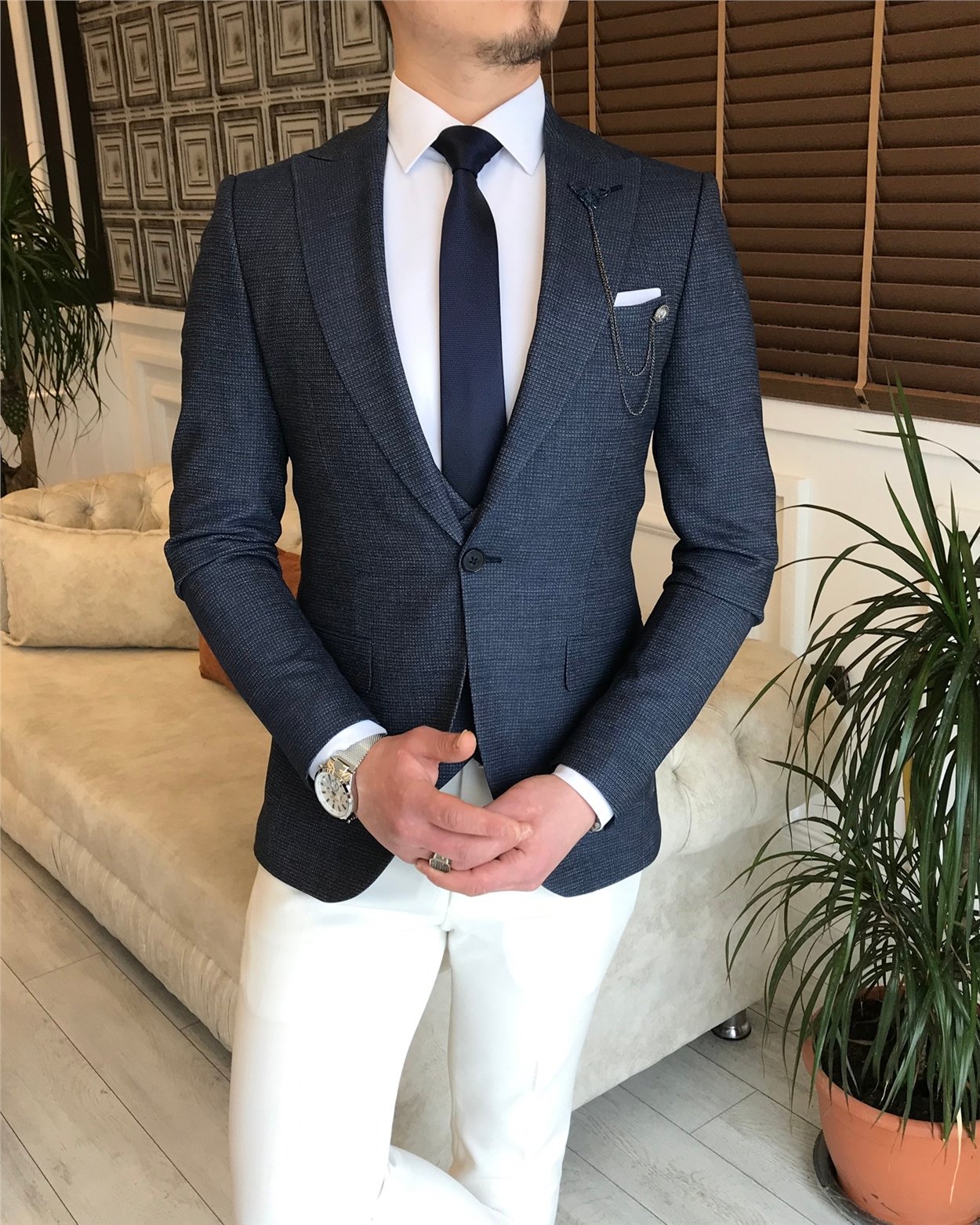 İtalyan stil ceket yelek pantalon kombin takım elbise Lacivert T5805