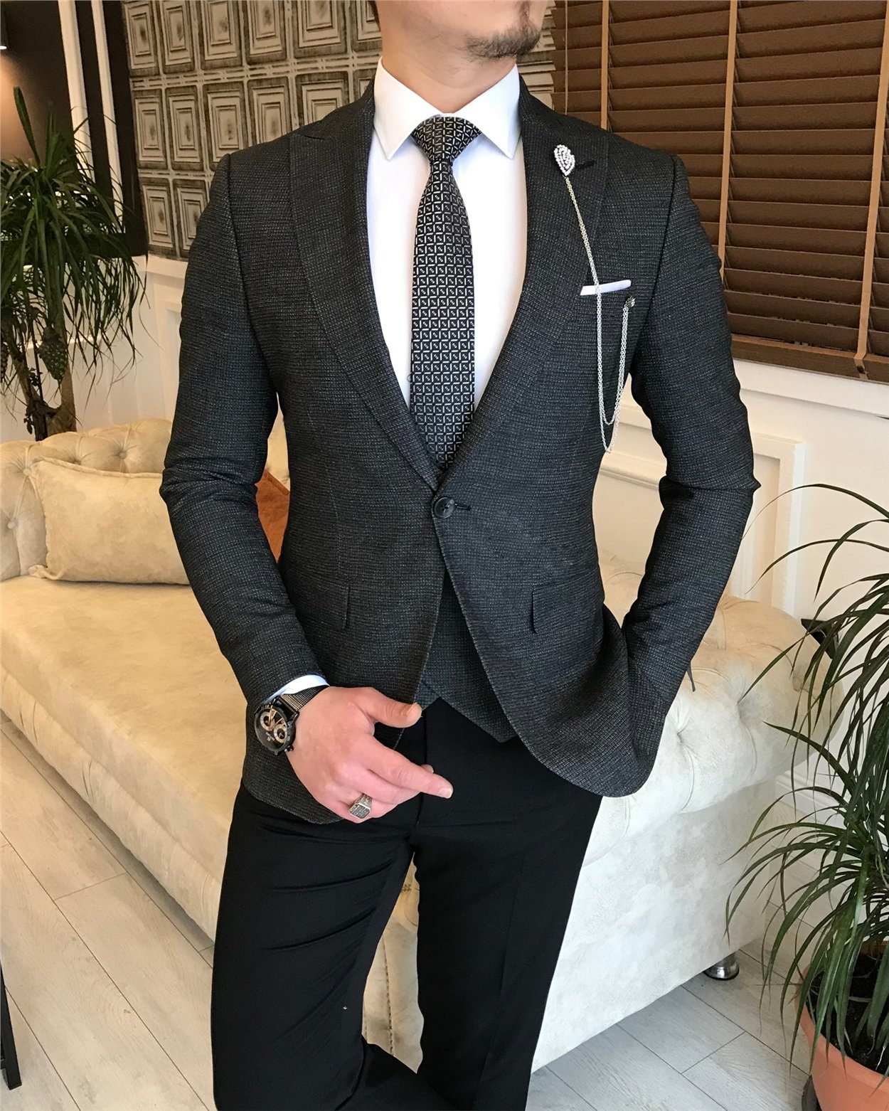İtalyan stil ceket yelek pantalon kombin takım elbise Siyah T5814