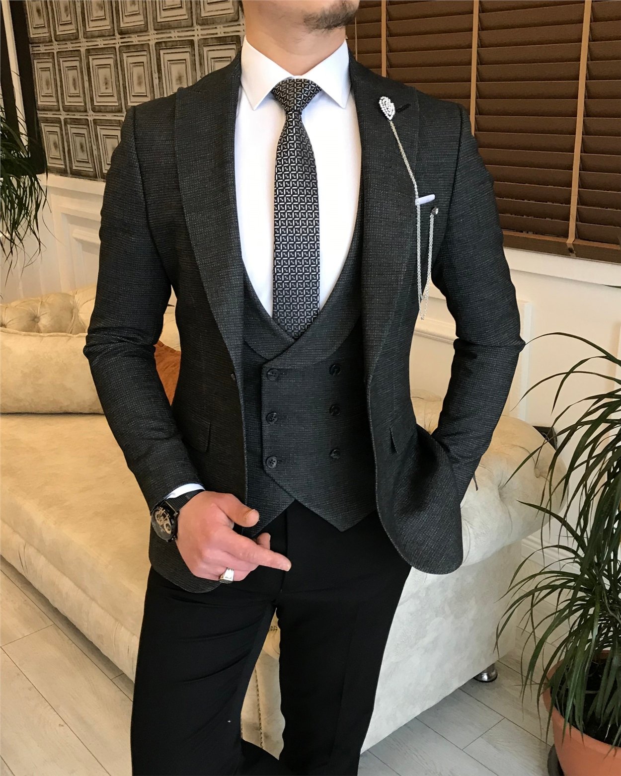 İtalyan stil ceket yelek pantalon kombin takım elbise Siyah T5814