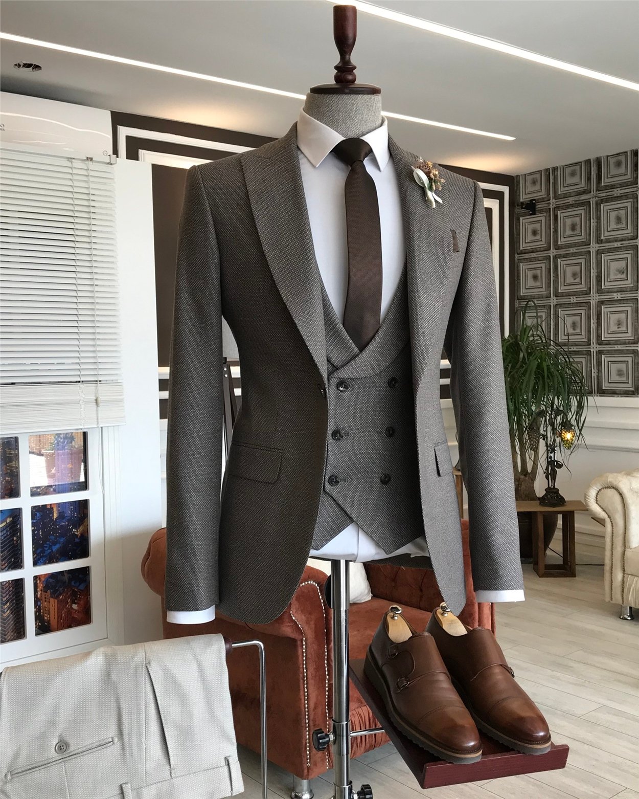 İtalyan stil ceket yelek pantalon kombin takım elbise Kahverengi T5813